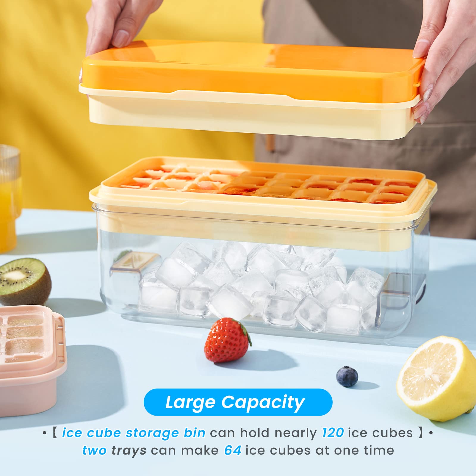 PHINOX Ice Cube Tray with Lid & Storage Bin - 2 Pack Flexible Silicone Freezer Trays Makes 64 Perfect Cubes for Cocktails, Whiskey, Coffee - BPA Free Ice Maker with Scoop & Cover for Home Bars, Parties & Everyday Use