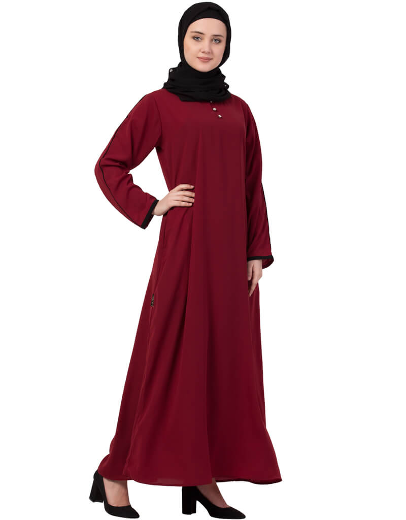 Elegant Maroon Casual Abaya with Arabic Contrast Piping Sleeves - Perfect for Daily Wear, Prayer, and Special Occasions