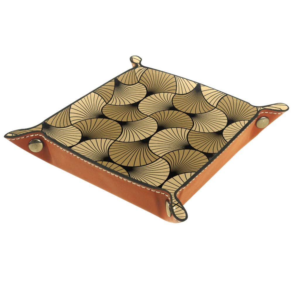 AISSO Art Deco Leather Valet Tray - Gold & Black Printed Jewelry Organizer Box for Watches, Keys, Coins, Wallets & Phones | Stylish Desktop Storage for Home & Office