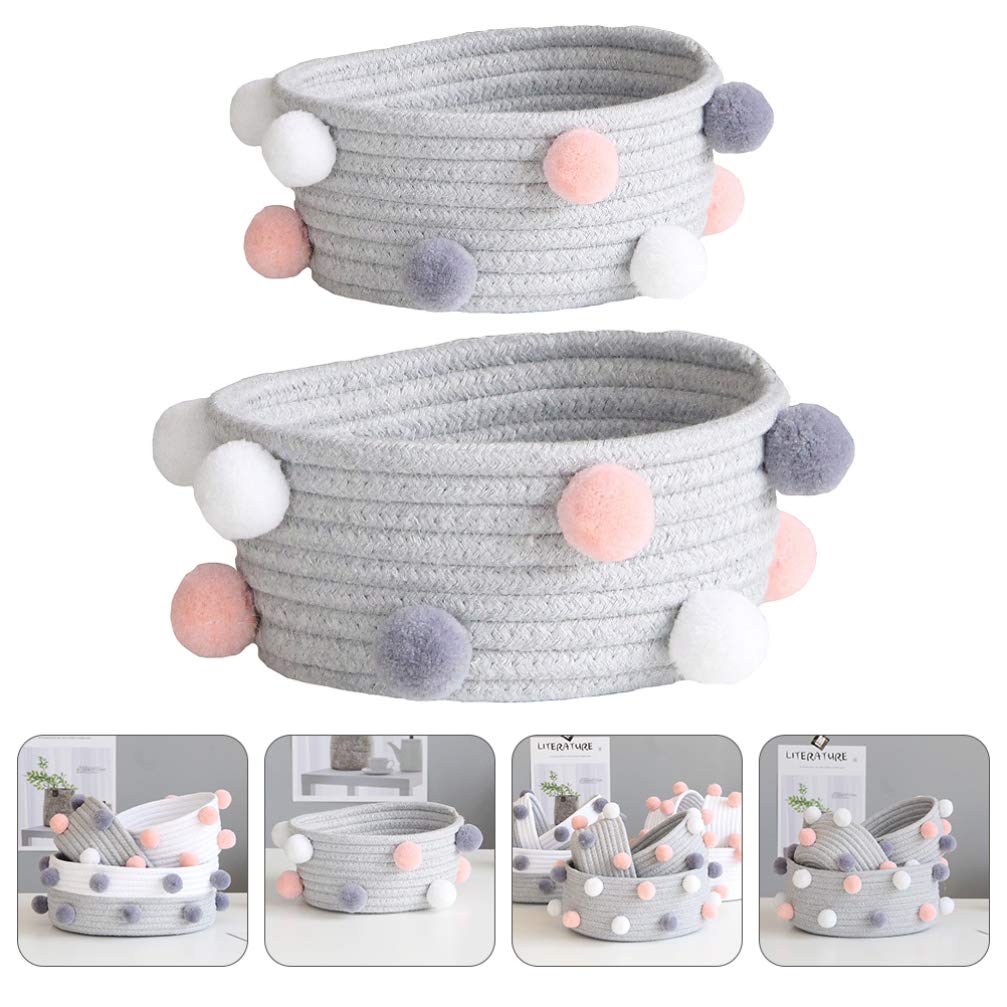 Cabilock 2-Piece Round Woven Pompom Basket Set - Small Fabric Storage Bins for Cosmetics, Clothes & Baby Items | Braided Plush Organizer for Closet, Nursery & Home Decor