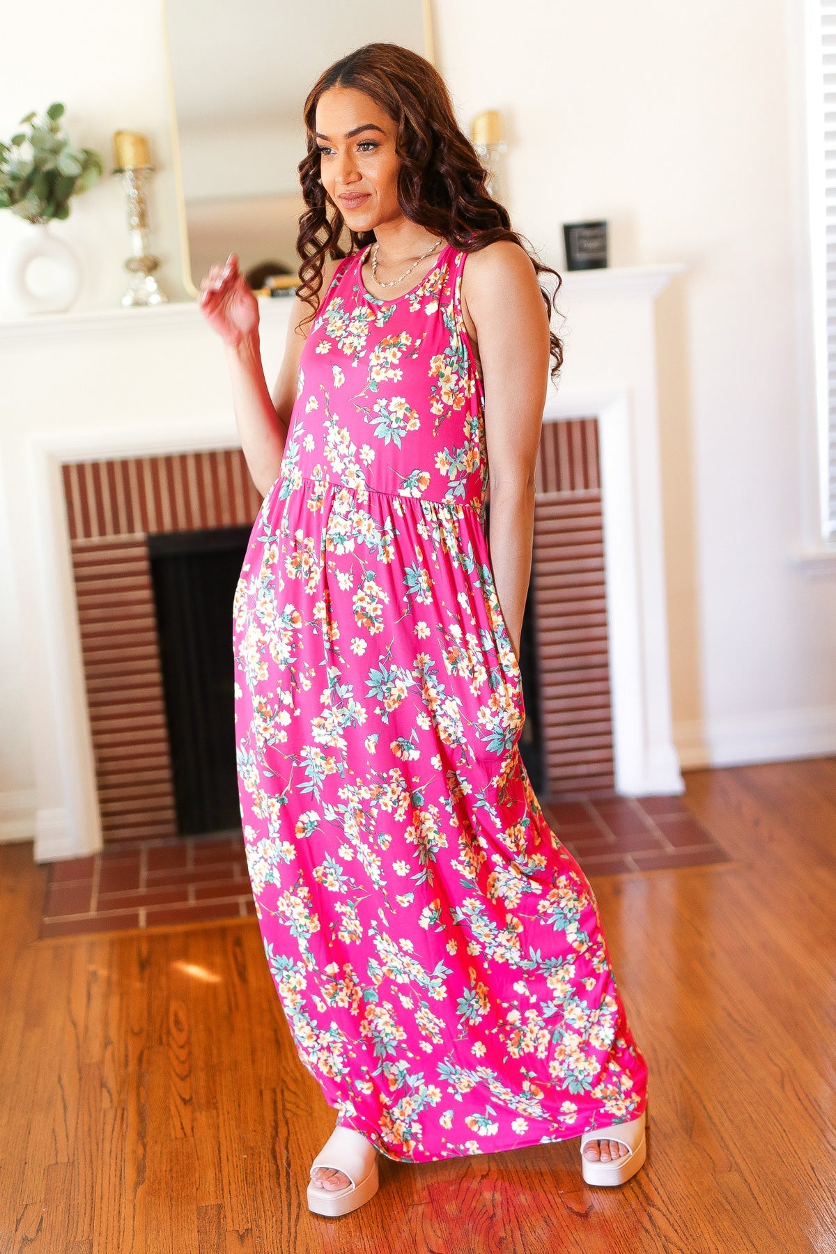 Elegant Pink Floral Print Fit and Flare Sleeveless Maxi Dress for Women | Summer Beach Wedding Party Dress | Perfect for Vacations, Date Nights & Special Occasions