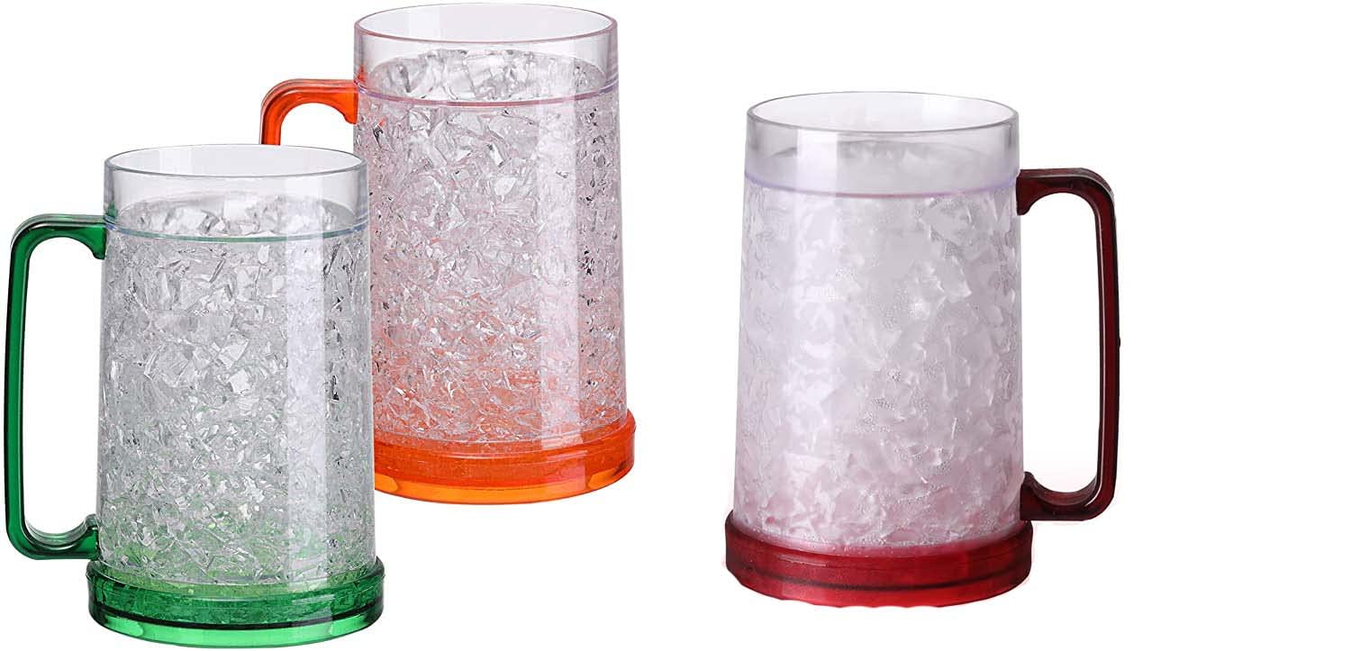 3-Pack Double Wall Insulated Freezer Mugs - No Sweat Design, 4 Color Options (Red, Orange, Green) - Perfect for Iced Coffee, Smoothies & Summer Drinks at Home or Office