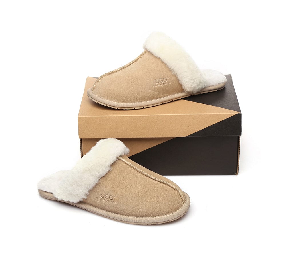 Premium Australian Shepherd UGG Slippers - Genuine Sheepskin Wool Scuffs in Rose Pink | Cozy Indoor & Outdoor House Shoes for Women & Men