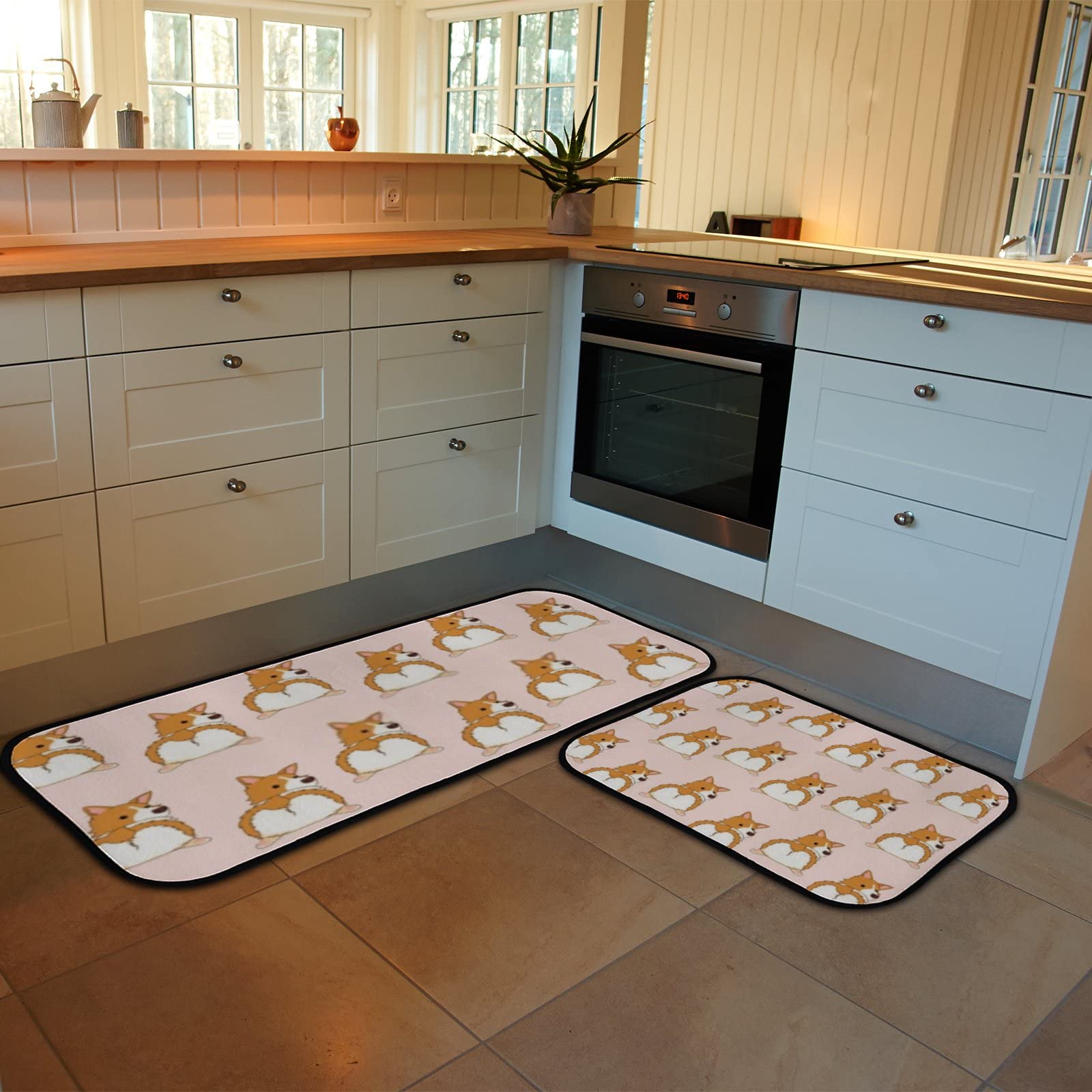 2-Piece Anti-Fatigue Kitchen Rugs Set - Non-Slip Washable Floor Mats with Corgi Dog Design for Comfortable Standing in Home Kitchen | Perfect for Cooking, Dishwashing & Food Prep Areas