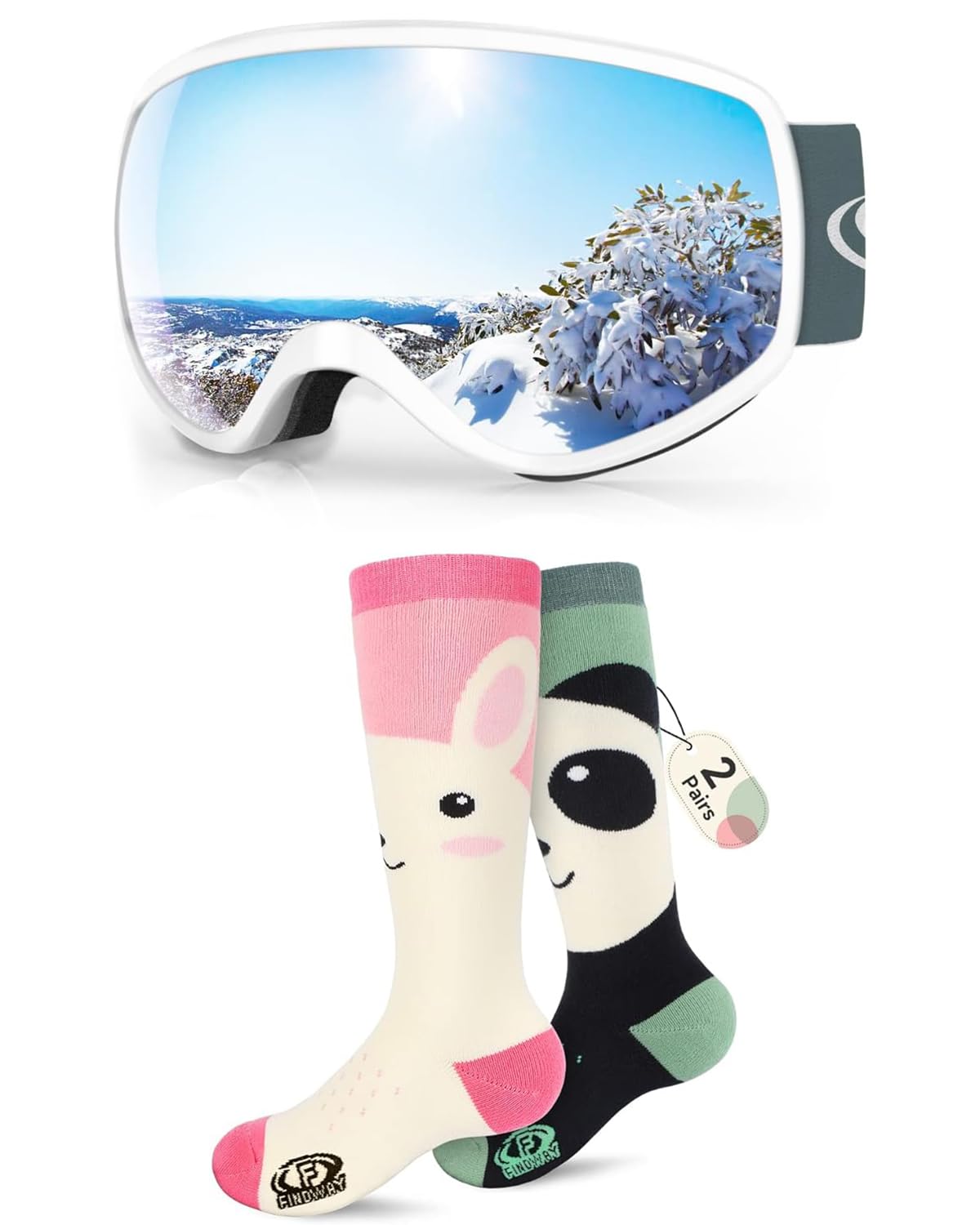 Findway Kids Ski Goggles & Ski Socks Set - Anti-Fog UV Protection Snow Goggles with Warm Thermal Socks for Boys & Girls - Perfect for Skiing, Snowboarding & Winter Outdoor Activities