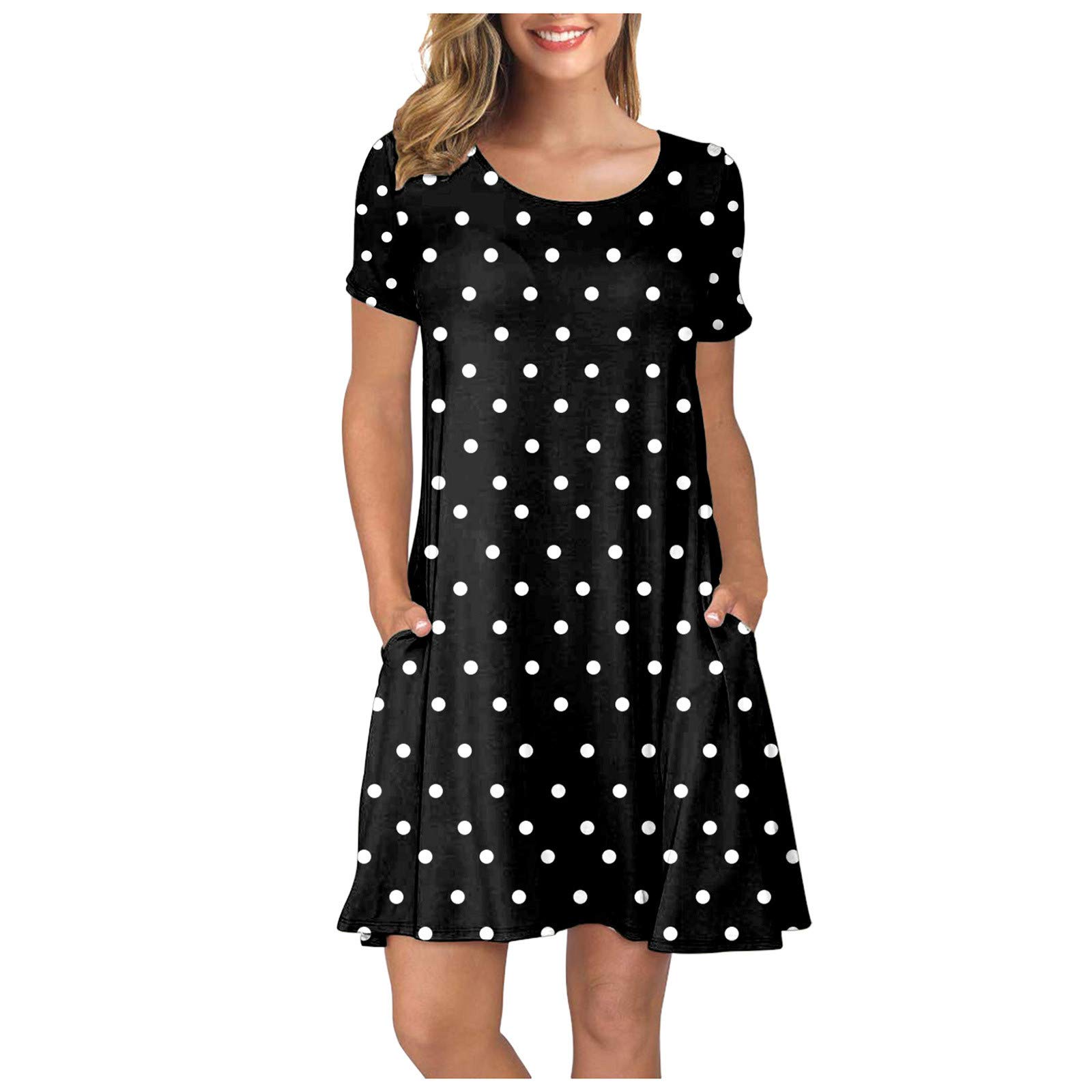 Women's Floral Print Short Sleeve Sundress with Pockets - Casual Summer Swing Dress Halter Neck for Beach, Vacation & Outdoor Activities