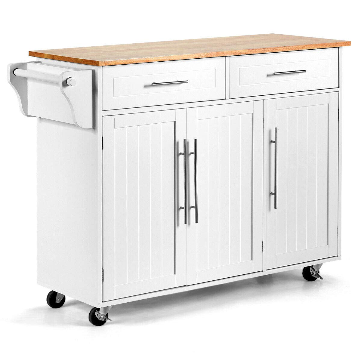 White Rolling Kitchen Trolley Island with 2 Drawers & 2 Cabinets - Knife Block, Towel Rack & Rubber Wood Top - Perfect for Pantry Organization, Silverware Storage & Kitchen Serving - Ideal for Small Kitchens, Dining Room Buffets & Mobile Food Prep Stations