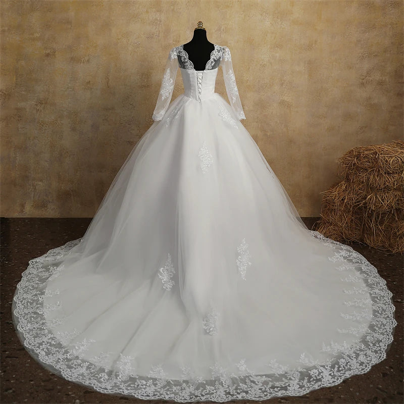 Elegant V-Neck Long Sleeve Plus Size Wedding Dress with Cathedral Train - Perfect for Bridal Ceremonies & Formal Events