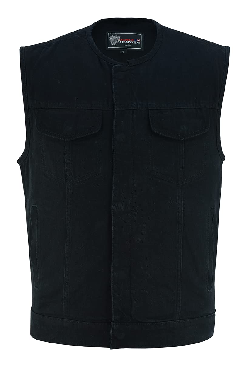 Vance Leather Men's Black Denim Collarless Club Vest with Conceal Carry Pockets | Stylish Motorcycle Jacket for Bikers & Outdoor Enthusiasts | Perfect for Riding, Hunting & Casual Wear