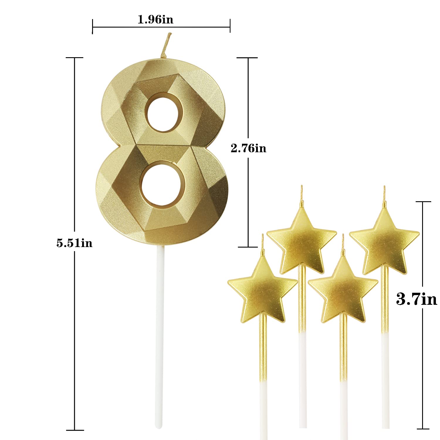 Golden Number 8 Birthday Candles - 2.76 Inch 3D Diamond Shaped Cake Candles for Birthday Parties, Anniversaries & Celebrations - Perfect for Cakes, Cupcakes & Dessert Decorations (Gold)