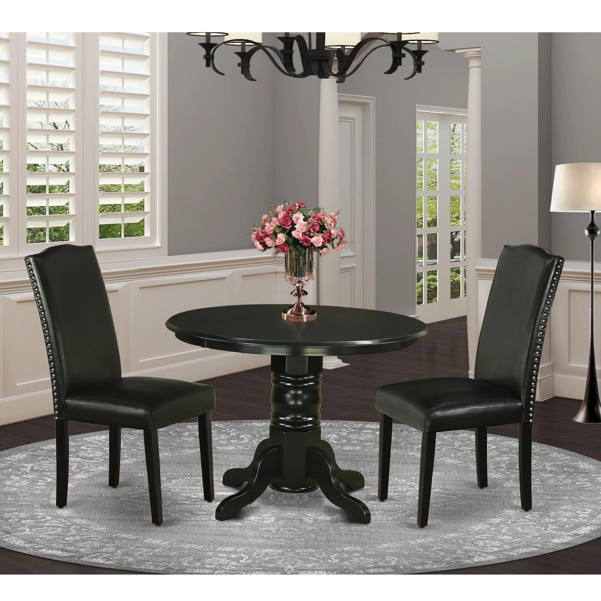East West Furniture 3-Piece Kitchen Table Set with Round Pedestal Dining Table & 2 Black Faux Leather Parson Chairs, 42x42 Inch - Perfect for Small Spaces, Breakfast Nooks & Cozy Dining Areas