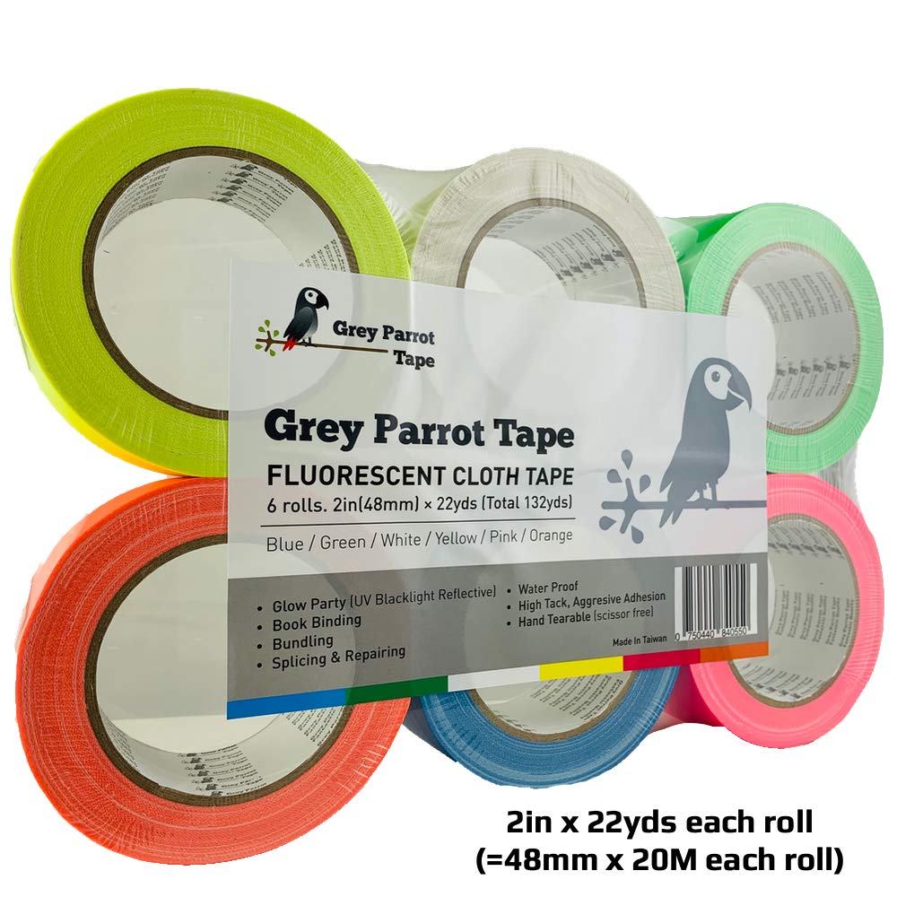UV Reactive Glow in The Dark Tape - 6 Pack (6 Colors, 66ft Per Roll, 2in x 66ft) Fluorescent Cloth Tape for Blacklight Parties, DIY Crafts & Nighttime Safety Marking