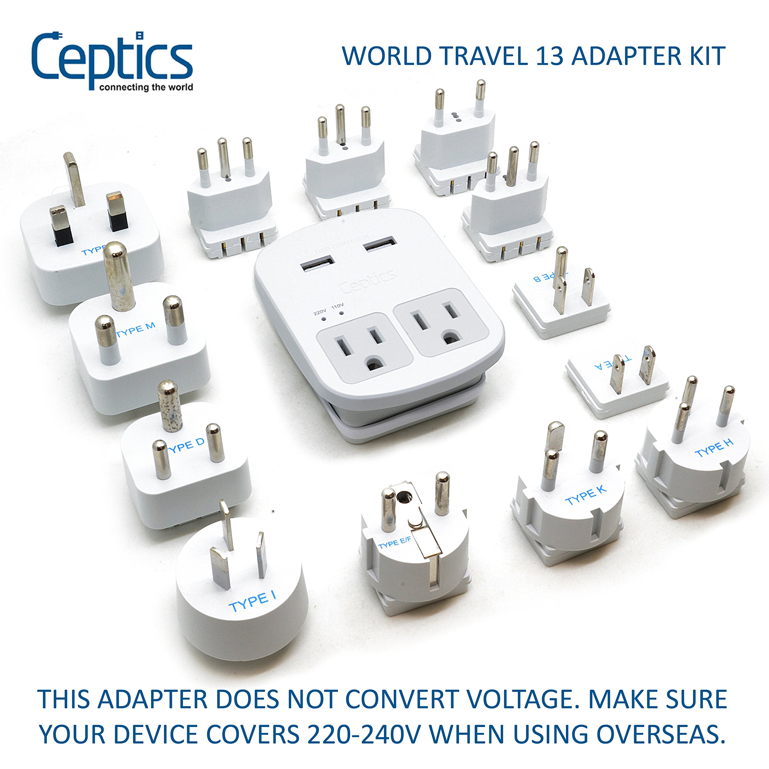 Ceptics 13-in-1 International Travel Plug Adapter Kit with Dual USB Ports & Surge Protection - Worldwide Compatible for Laptops, Phones & Chargers - Perfect for Business Trips, Vacations & Study Abroad