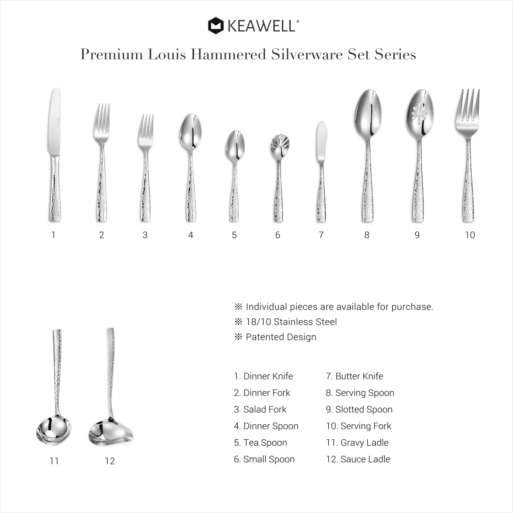 Premium KEAWELL 65-Piece Louis Hammered Silverware Set - 18/10 Stainless Steel Flatware with Squared Edge - Service for 12 - Dishwasher Safe - Elegant Dining Set for Restaurants, Weddings & Dinner Parties