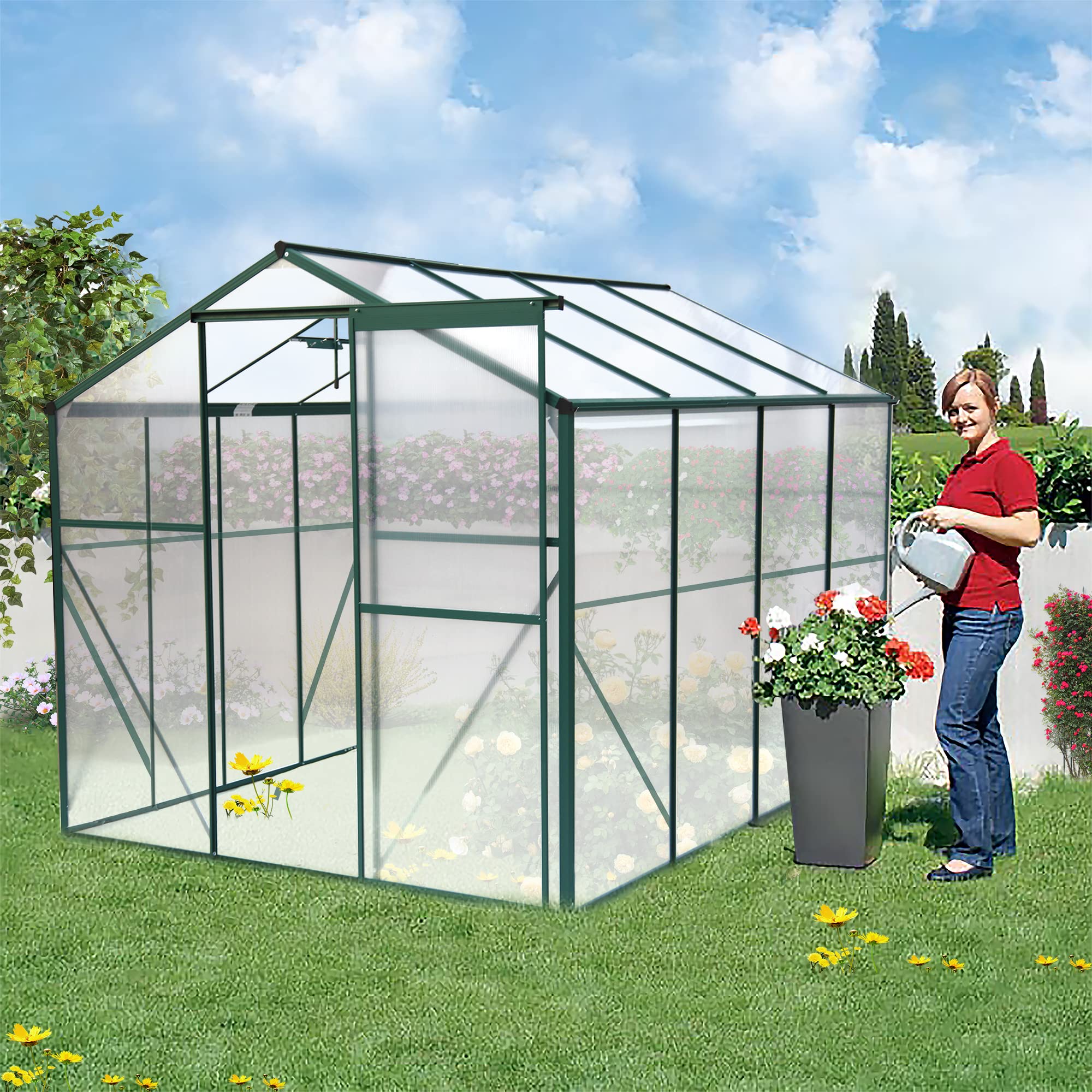 **6x6ft Walk-in Polycarbonate Greenhouse with Adjustable Roof Vent & Rain Gutter - Outdoor Plant Greenhouse for Winter Flowers, Vegetables & Seedlings - Perfect for Backyard Gardening & All-Season Plant Protection**
