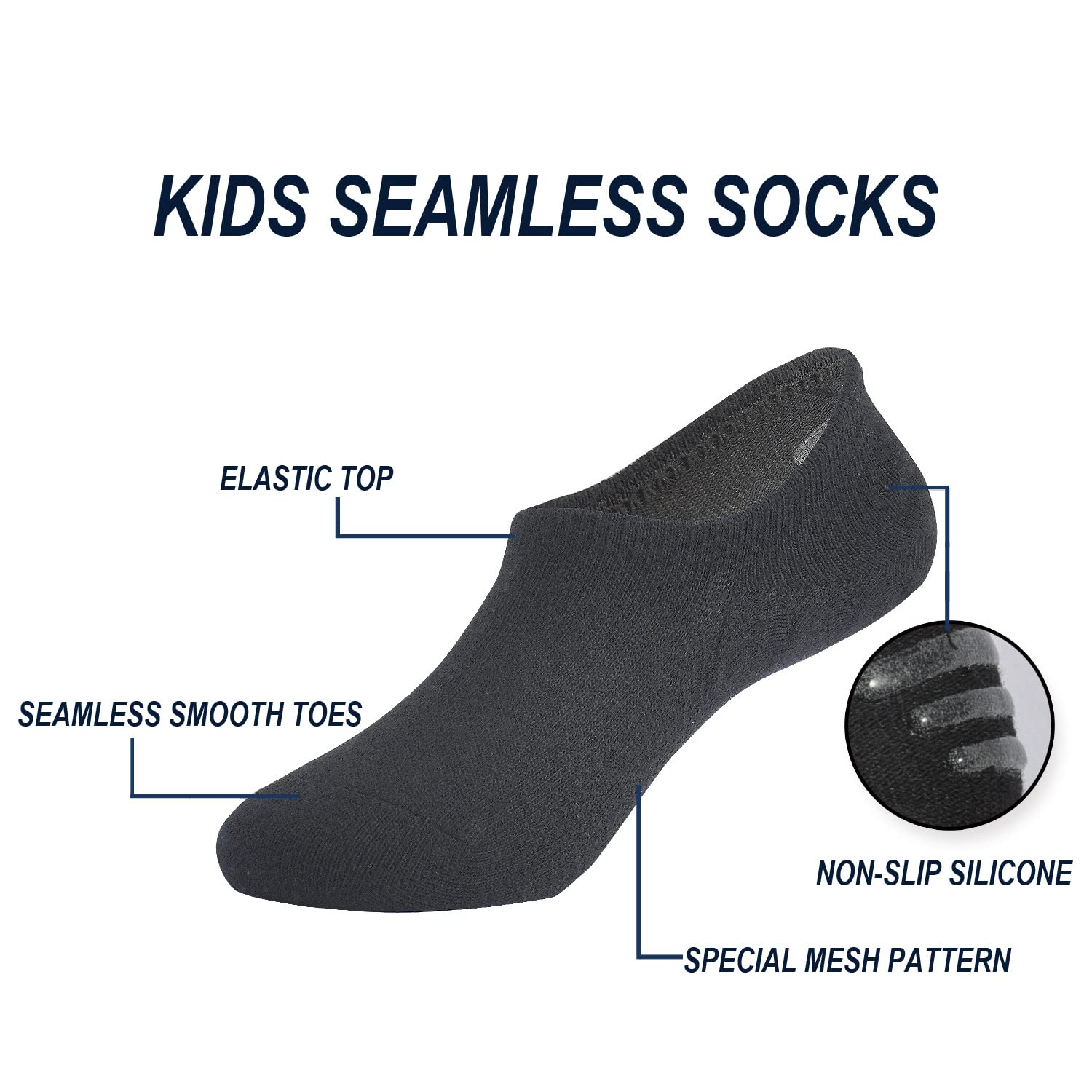 EPEIUS Kids No Show Socks 6 Pack - Seamless Cotton Low Cut Socks for Girls & Boys - Non-Slip, Breathable & Comfortable - Perfect for School, Sports & Everyday Wear