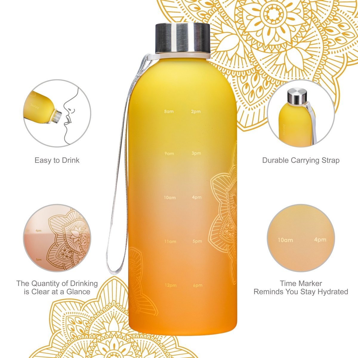32oz La La Mandala Time Marker Tritan Water Bottle with Carrying Strap - Ombre Orange | BPA-Free Leakproof Sports Water Bottle for Gym, Yoga, Hiking & Outdoor Activities