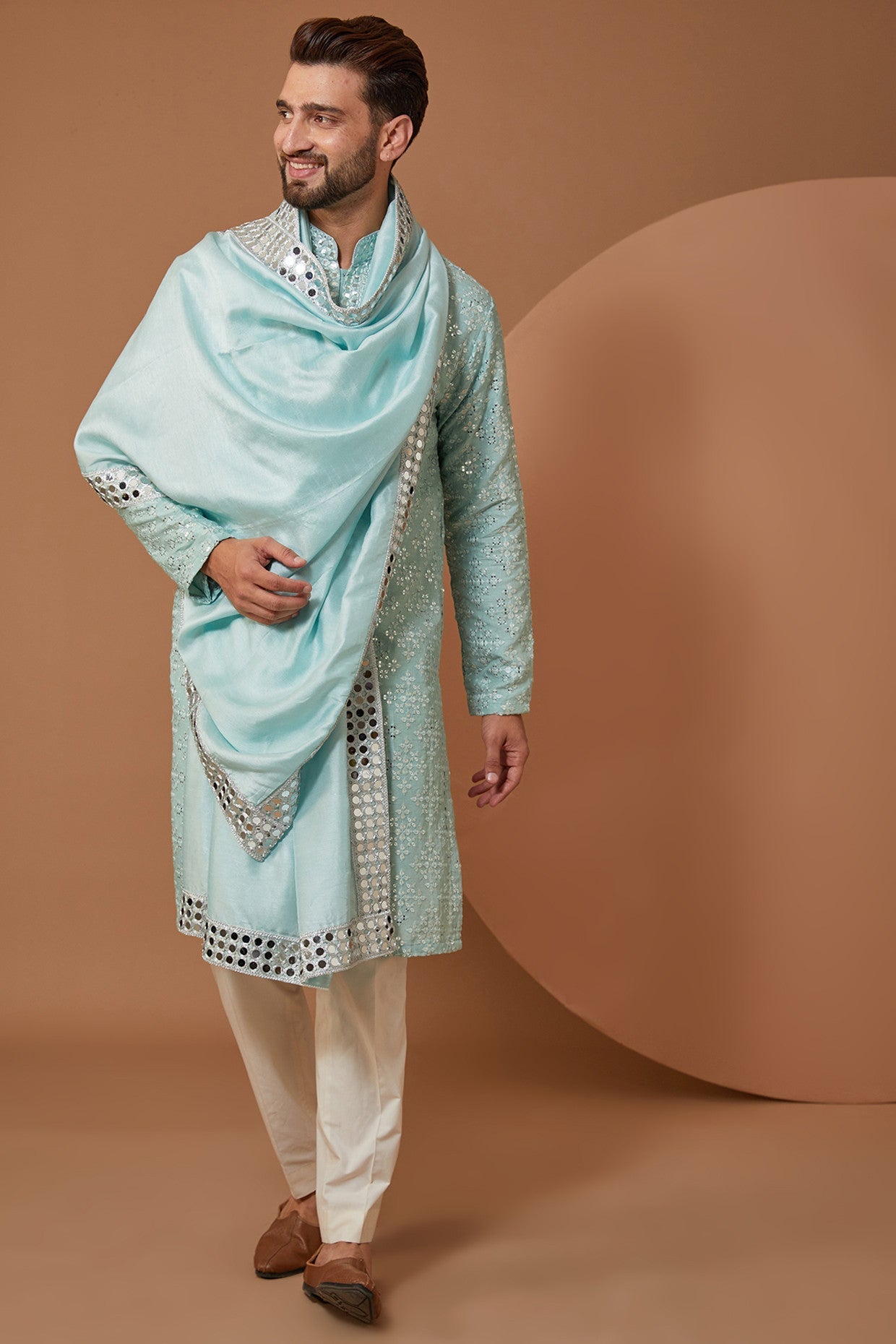Stylish Ice Blue Mirrorwork Kurta for Women - Traditional Indian Embroidered Tunic Top - Perfect for Festivals, Weddings & Ethnic Parties