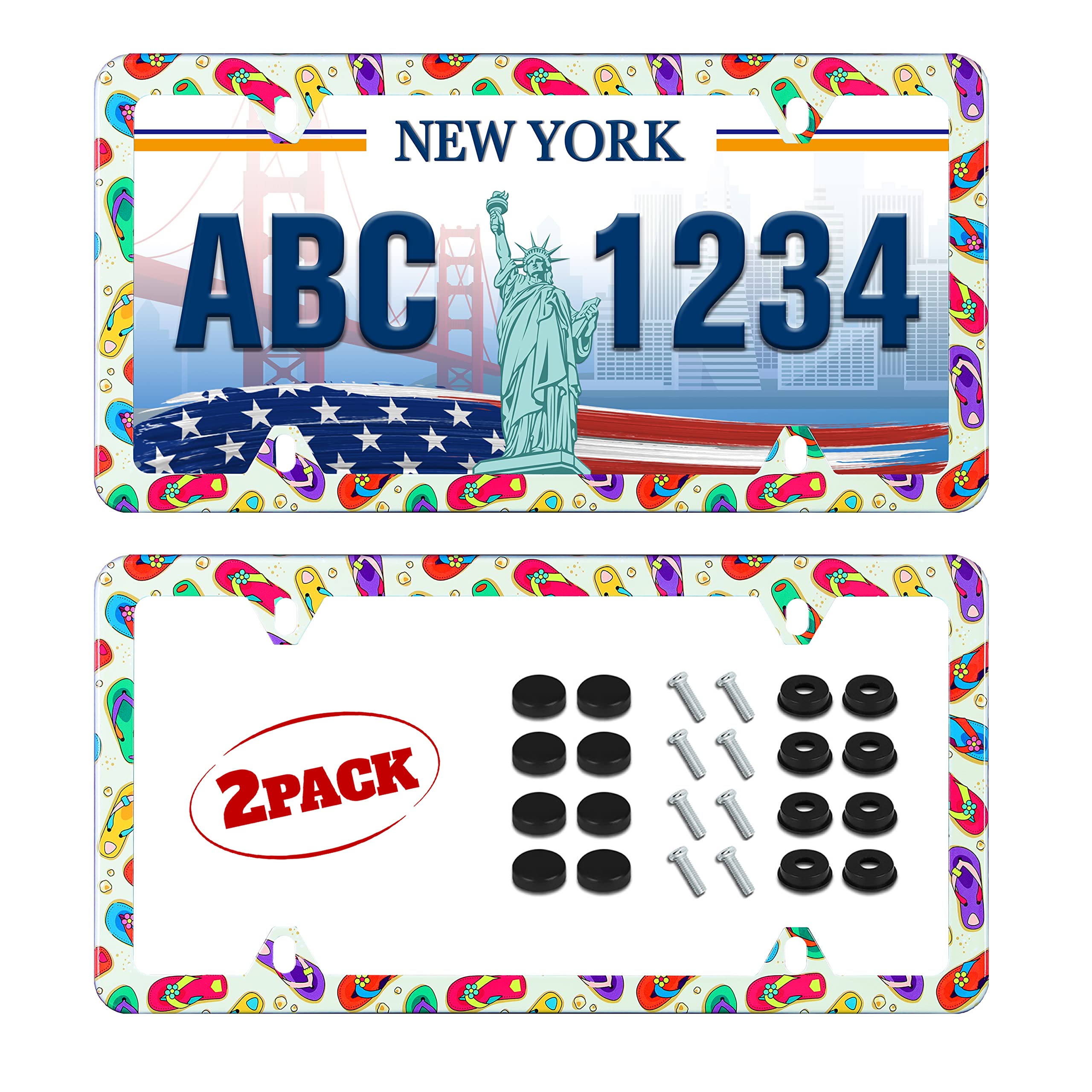 2 Pack Colorful Beach Flip Flops License Plate Frames - Stainless Steel Rust-Proof Car Accessories for US & Canadian Standard Plates - Fun Summer Decoration for Cars, Trucks & SUVs - Perfect for Beach Lovers & Vacation Vibes