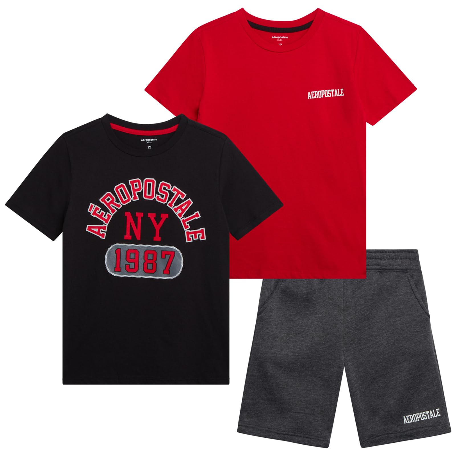 AEROPOSTALE Boys' Active Shorts Set - 3 Piece Performance Jersey Crewneck Graphic Tees and Fleece Shorts for Sports & Play (Sizes 8-12) | Perfect for Basketball, Soccer & Summer Outdoor Activities