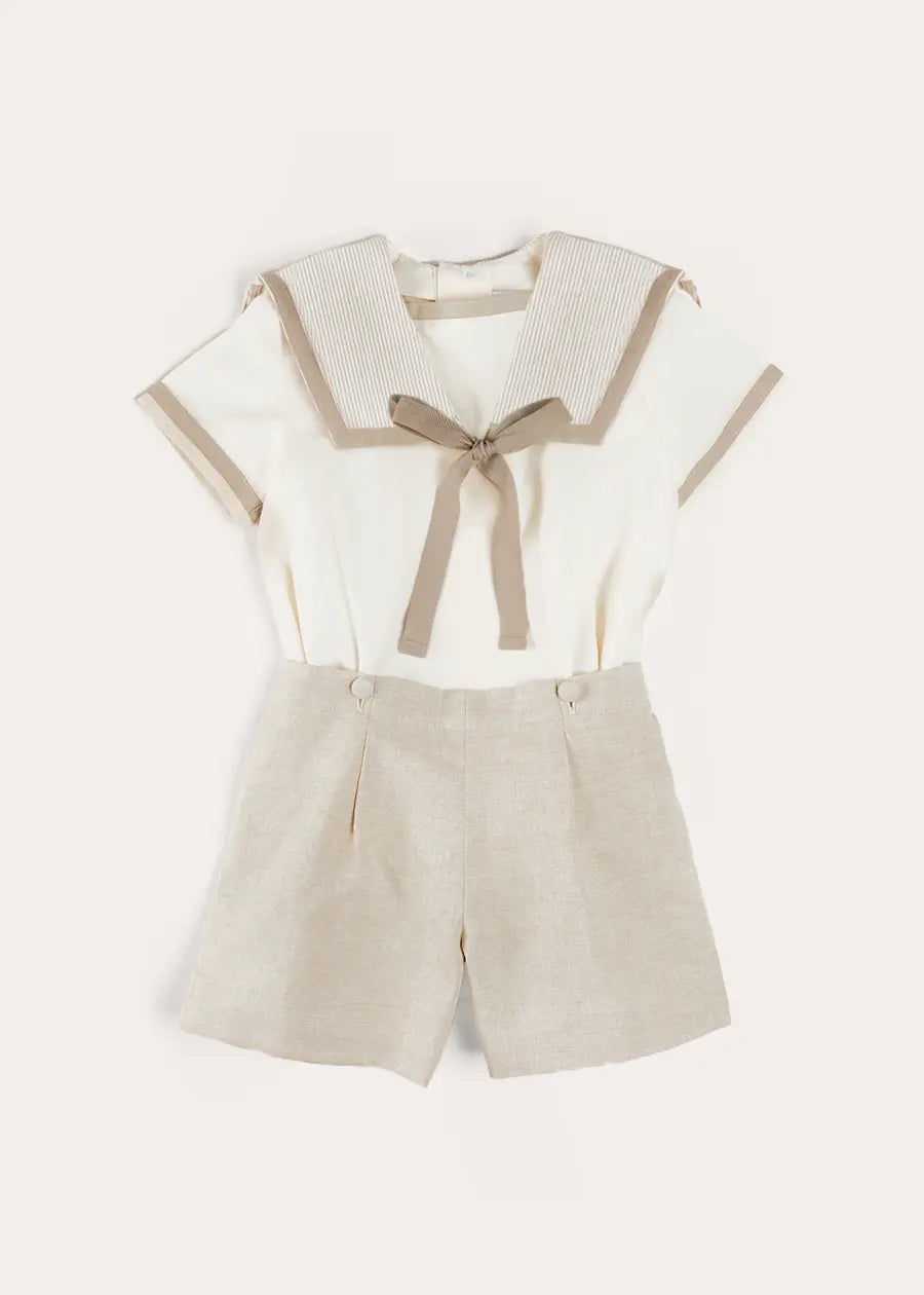 Waterford Stripe Mariner Collar Short Sleeve Two-Piece Set for Baby & Toddler (12 Months - 6 Years) | Beige Summer Outfit | Perfect for Beach, Vacation & Family Photos