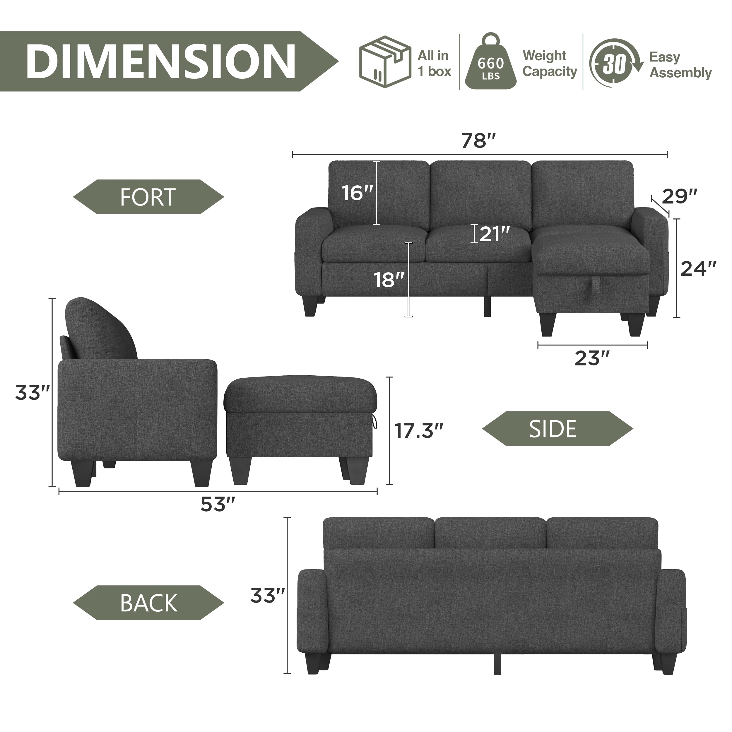 Modern L-Shaped Convertible Sectional Sofa with Reversible Chaise - Dark Grey Linen Fabric 3-Seat Couch for Living Room, Apartment, Office & Small Spaces - Perfect for Family Gatherings, Movie Nights & Home Decor