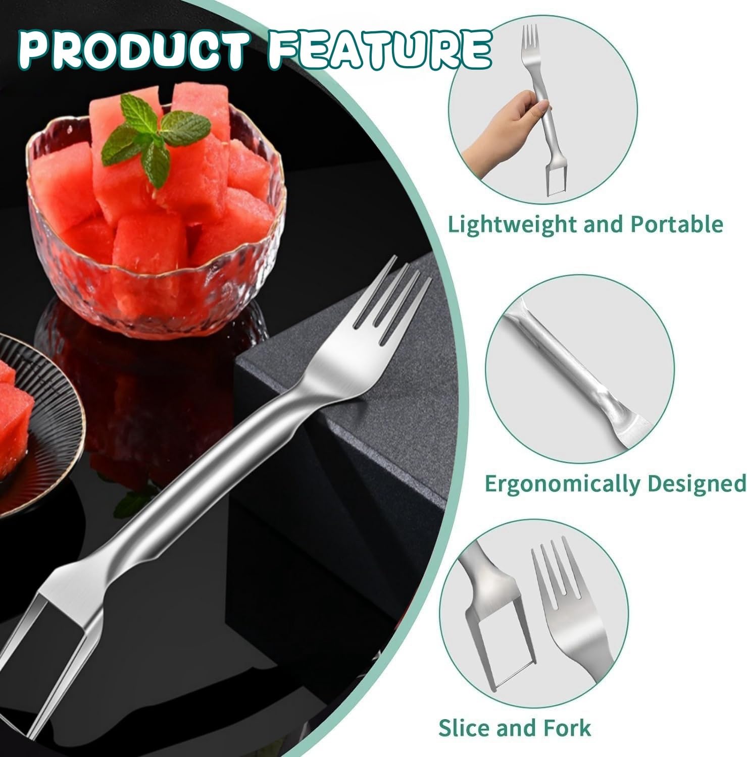 2024 New 2-in-1 Stainless Steel Watermelon Fork Slicer - Double Ended Fruit Cutter & Slicing Knife for Watermelon, Melon, Pineapple (1pc) - Perfect for BBQs, Picnics & Summer Parties