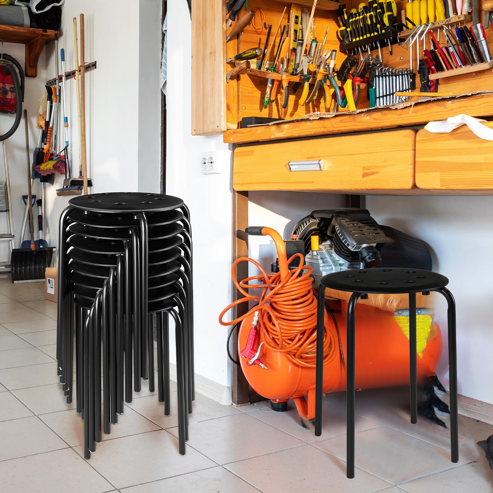 10-Pack Stackable Plastic Stools with Metal Frame - 17.72