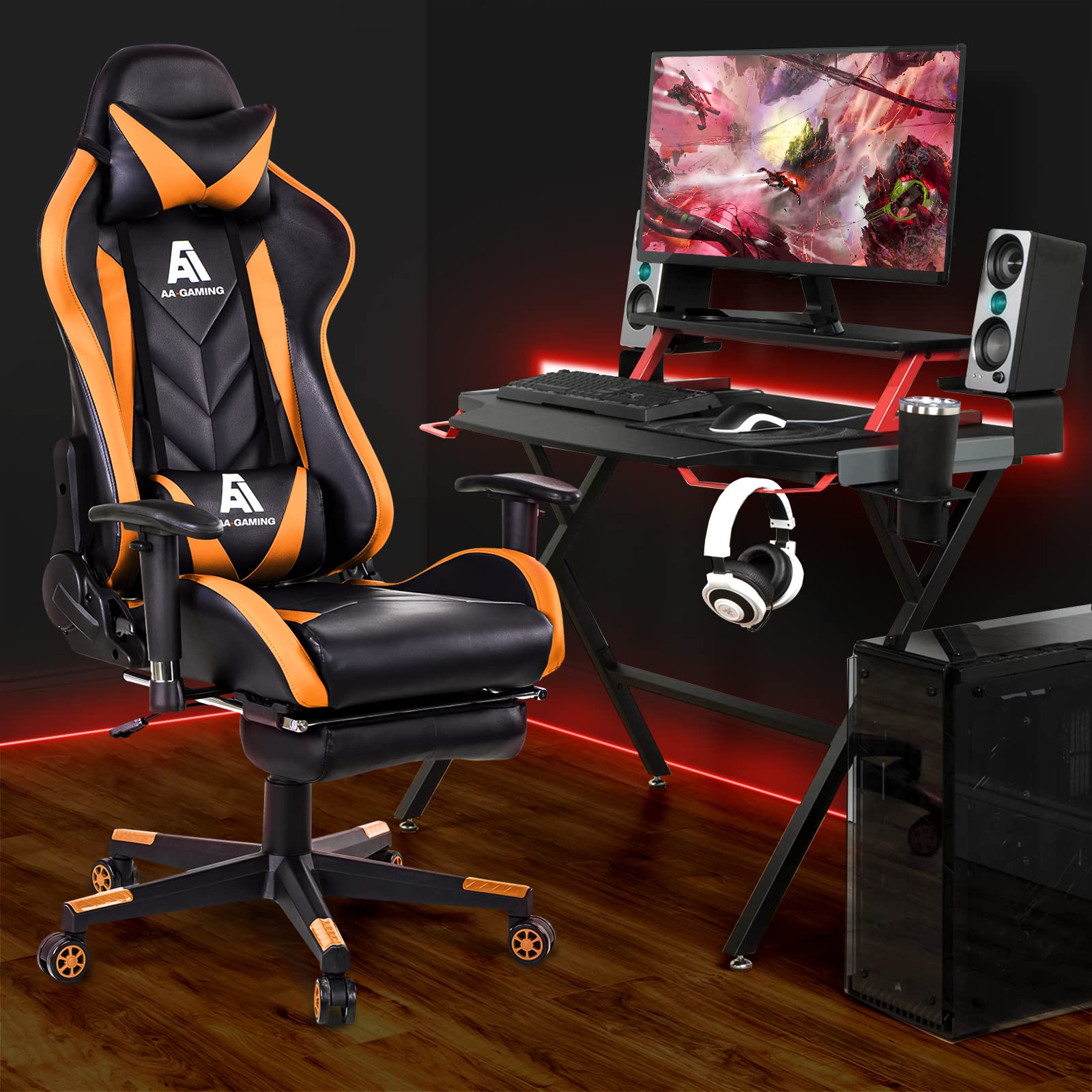 Ergonomic High Back Gaming Chair - Adjustable Racing Office Chair with Footrest & Lumbar Support - Swivel Computer Desk Chair for PC Gaming, Streaming & Home Office - Orange