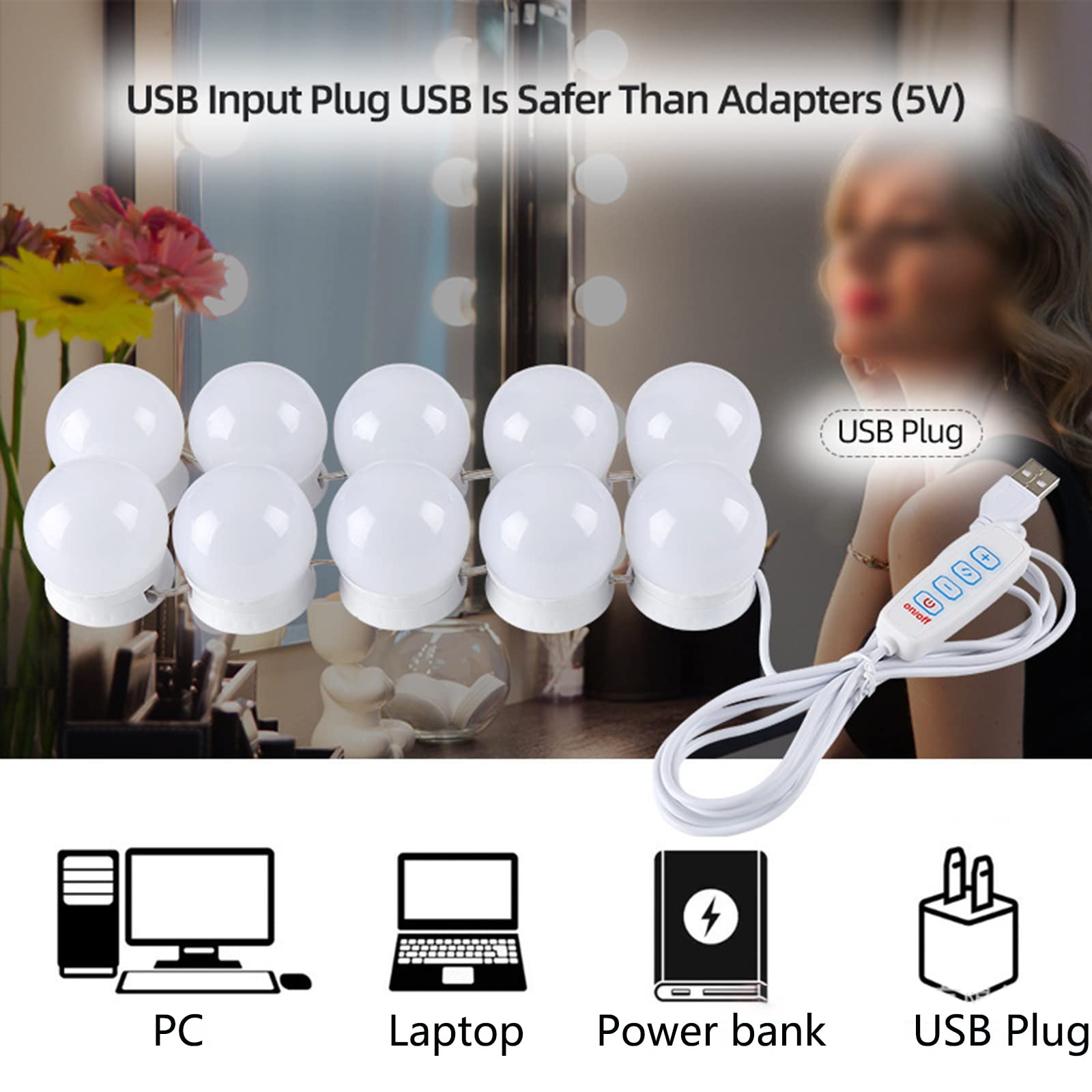 Hollywood Vanity Light Kit - 10 Dimmable LED Bulbs, 3 Color Modes for Bathroom Mirror Lighting