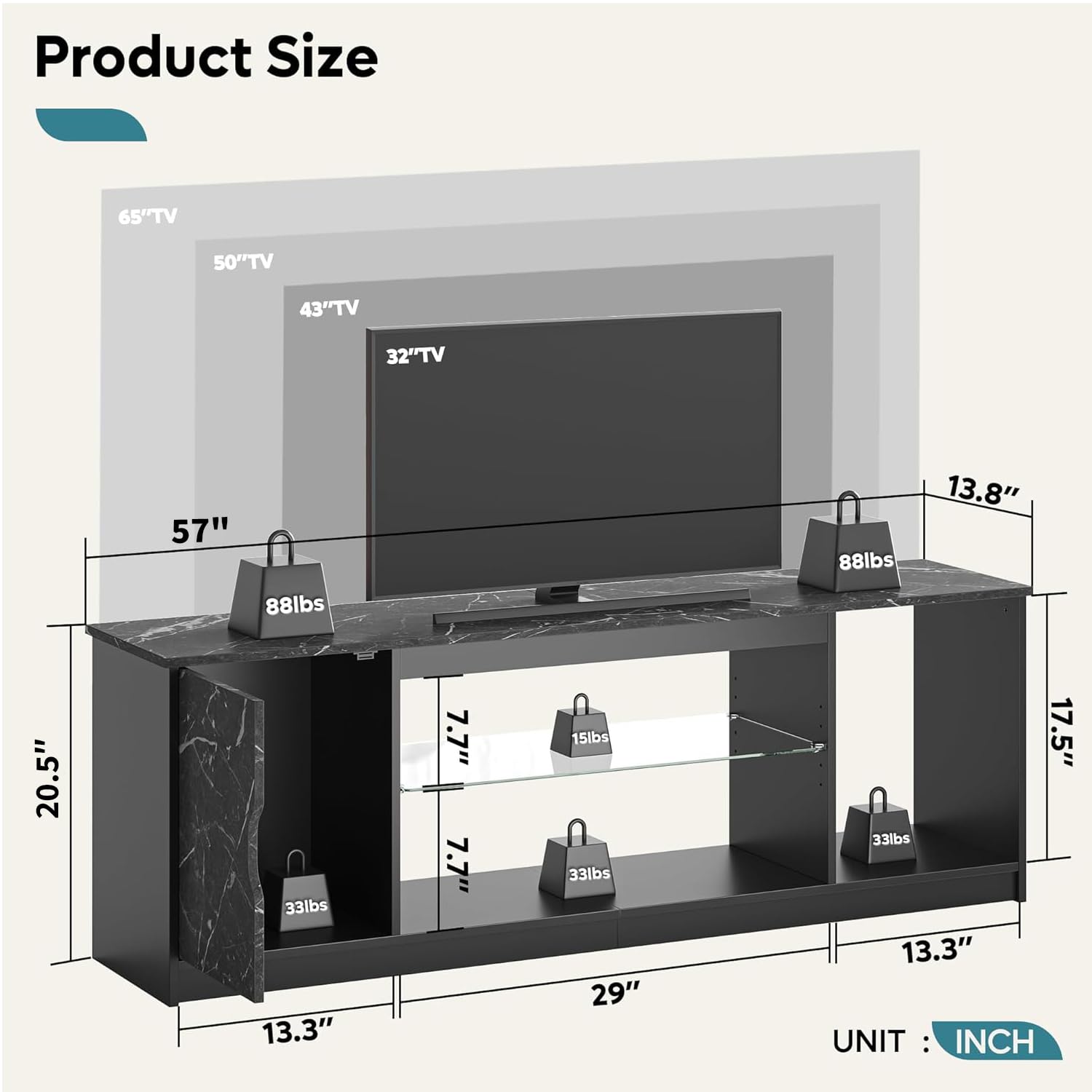 Bestier 57 Inch LED TV Stand for 55-65 Inch TVs - Modern Entertainment Center with Storage Cabinet for PS5, Xbox & Gaming Consoles - Adjustable Glass Shelves TV Console for Living Room & Bedroom - Black Marble Finish | Perfect for Home Theater Setup & Gaming Stations