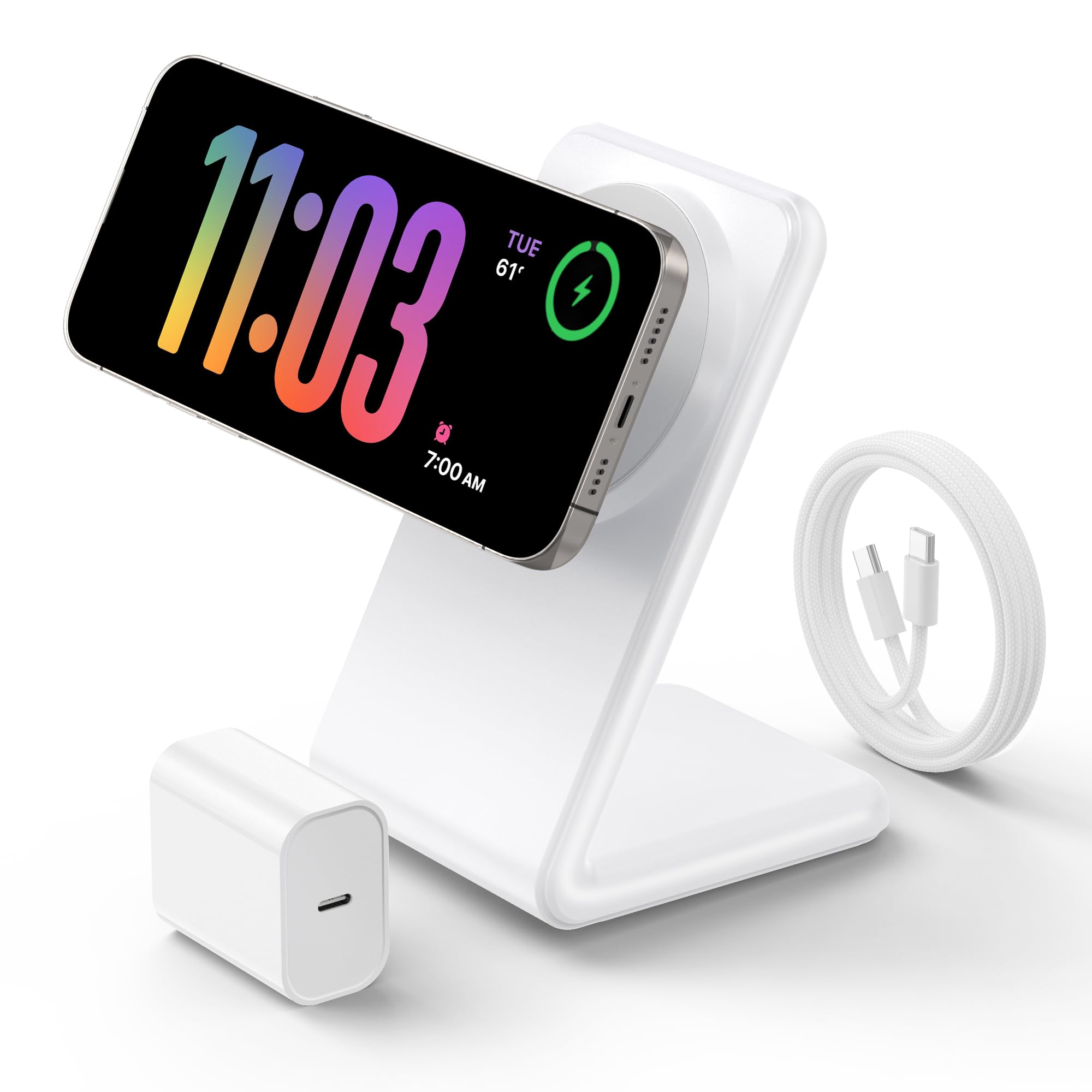 Magnetic Wireless Charger Stand for iPhone 16 Pro Max & Magsafe Charger - Fast USB-C Charging with 5ft Braided Cable | Compatible with iPhone 15/14/13/12 Series | Perfect for Home, Office & Nightstand Charging (White)