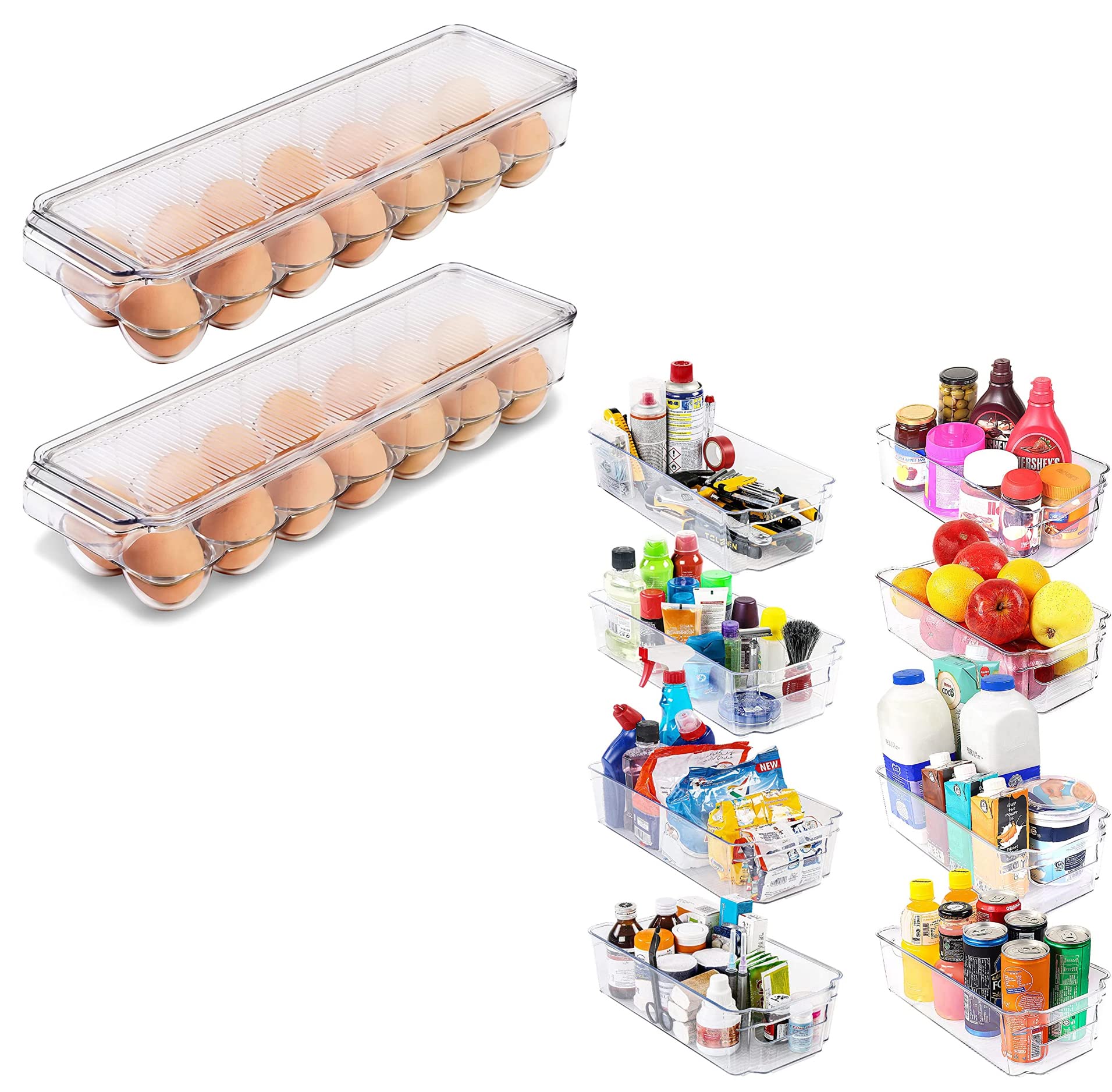 Utopia Home 10-Piece Clear Plastic Storage Organizer Set - 8 Stackable Pantry Bins & 2 Egg Trays for Kitchen, Freezer & Refrigerator Organization | Space-Saving Cabinet & Countertop Storage Solution for Home & Office