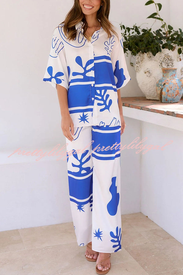 Stylish Color Block Print Button Up Shirt & Elastic Waist Pants Set for Women | Beach Outfit, Summer Vacation, Casual Wear