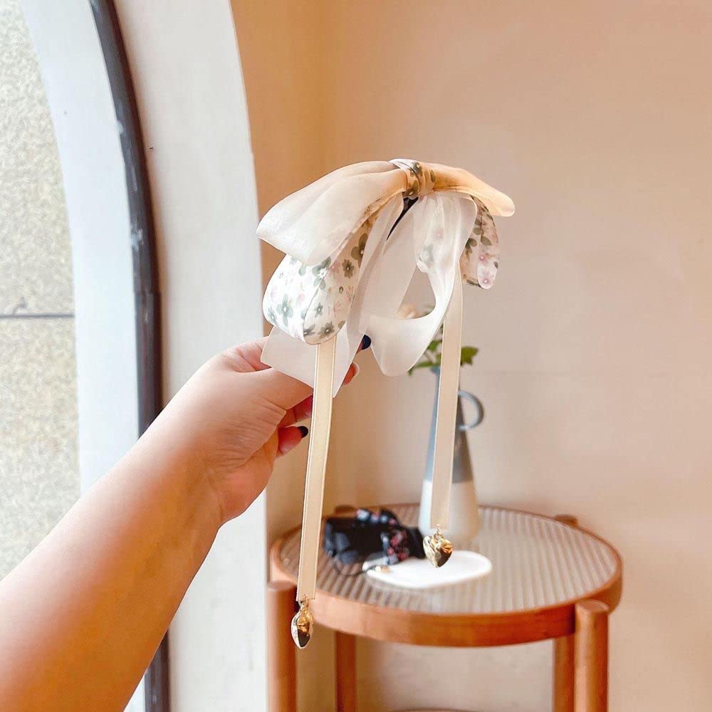 Elegant Korean Women's Banana Clip Ponytail Holder with Bow & Pearl Hair Claw Ribbon Vertical Clip - Beige | Perfect for Weddings, Parties & Everyday Hairstyles