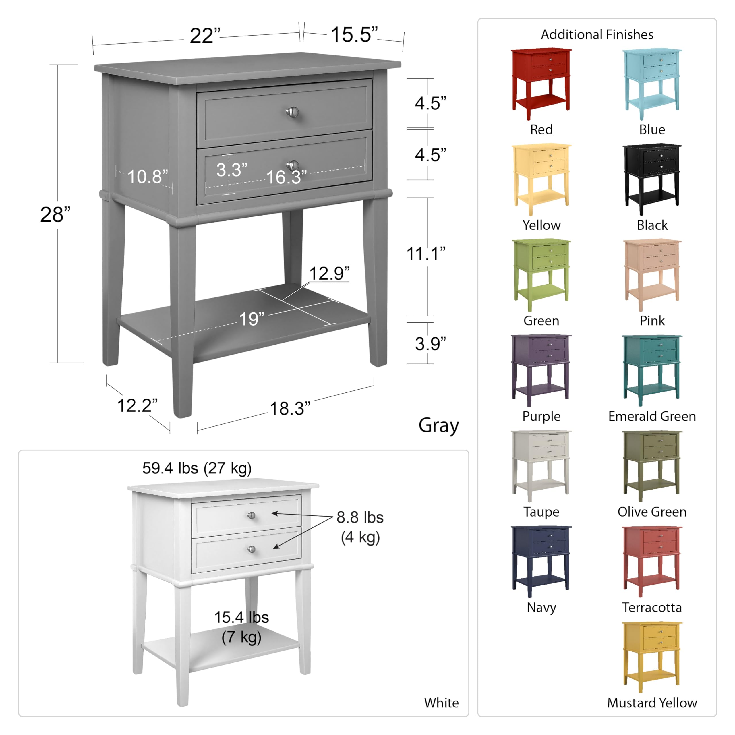 Ameriwood Home Franklin Accent Table with 2 Drawers, Gray - Stylish End Table or Nightstand for Living Room, Bedroom, Office - Perfect for Storing Books, Lamps & Decor