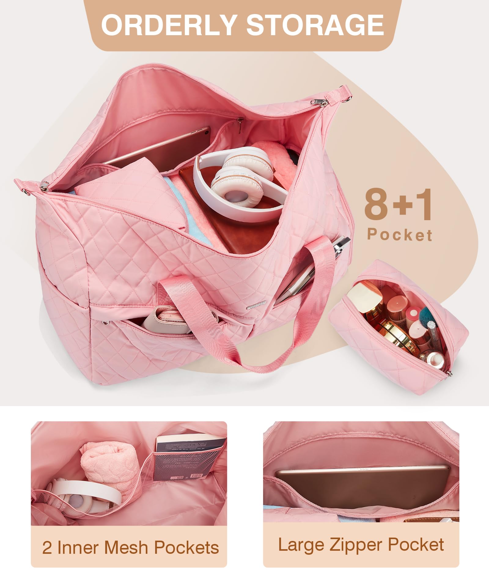 Marvolia Women's Quilted Duffle Bag - Large Travel Weekender Overnight Bag with Shoe Compartment & Toiletry Pouch - Pink Carry-On for Business Trips, Gym, Sports & Weekend Getaways