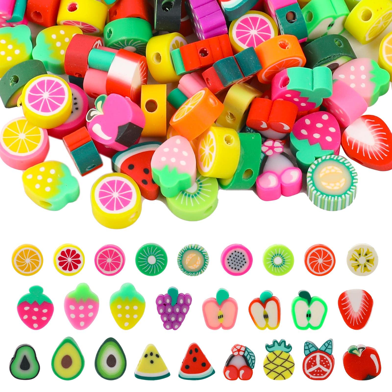 Vin Beauty 100PCS Colorful Polymer Clay Fruit Beads - DIY Jewelry Making Kit for Necklaces, Earrings & Bracelets - Fun Craft Supplies for Kids & Adults - Perfect for Summer Accessories & Gift Making