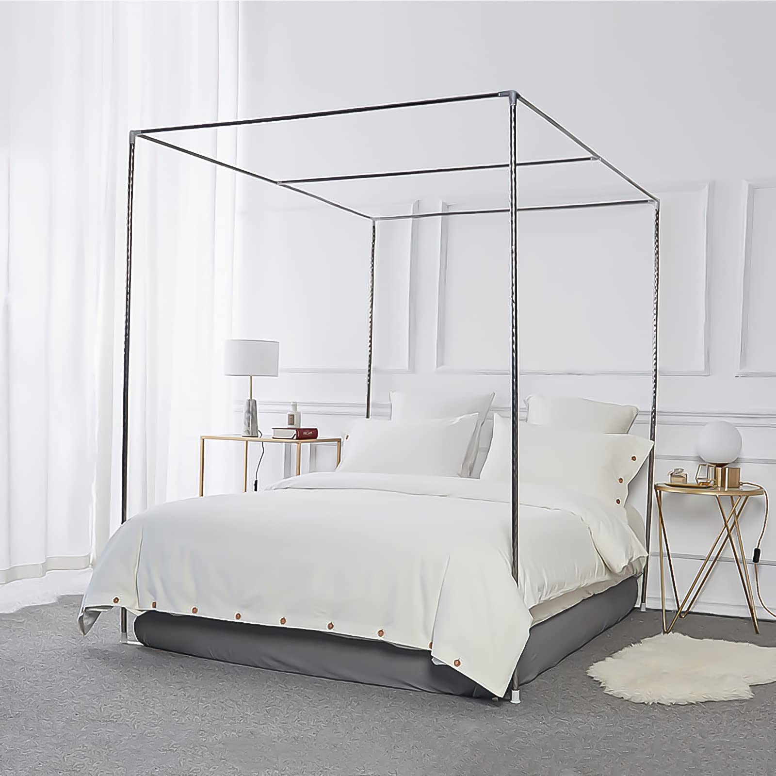 Foreate Stainless Steel Twin Size Canopy Bed Frame with Poles - Fits Four-Corner Beds & Mosquito Nets - Silver | Perfect for Bedroom Decor, Princess Style Beds & Outdoor Camping