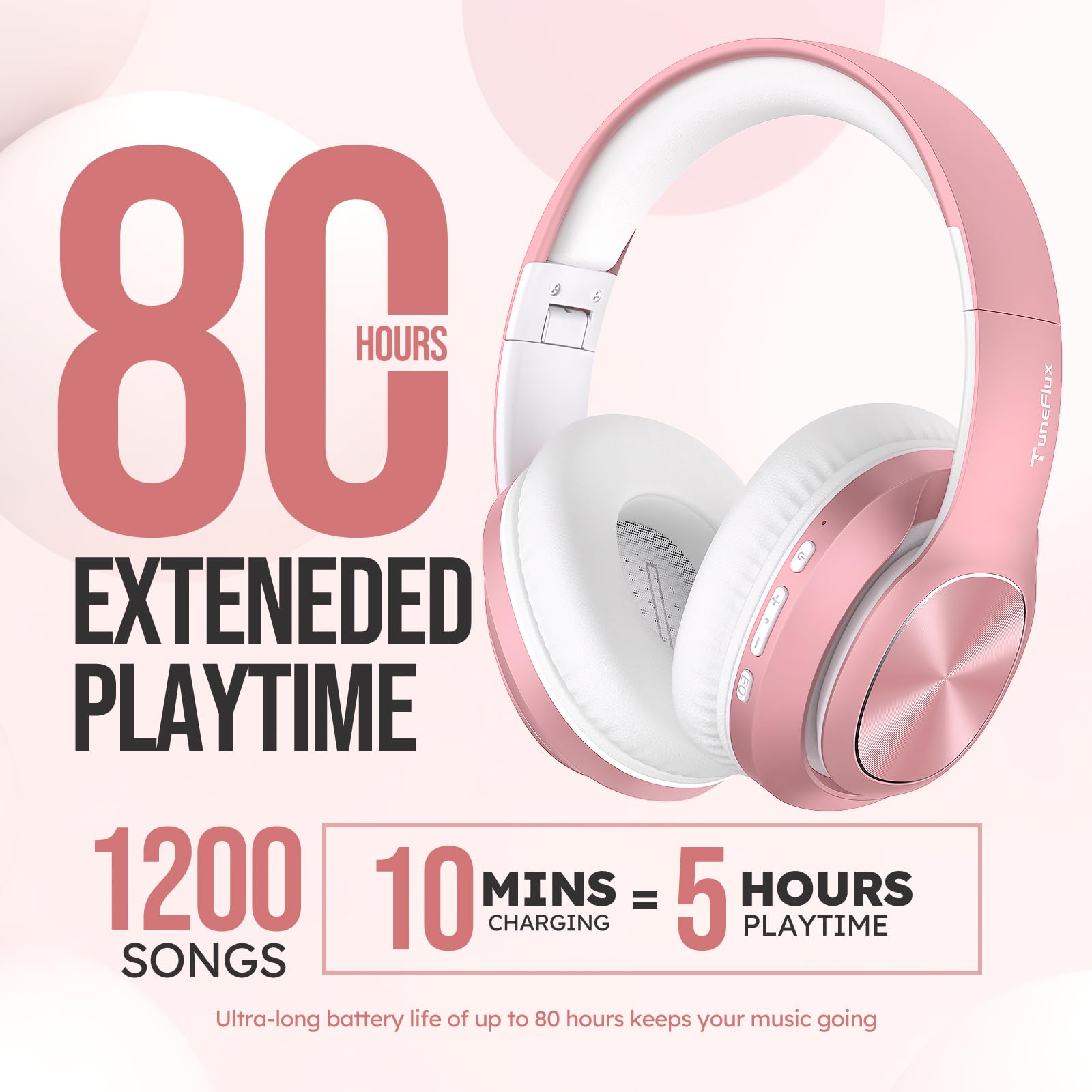 TuneFlux Wireless Bluetooth Over Ear Headphones with 80H Playtime, 3EQ Sound Modes, HiFi Stereo & Deep Bass - Foldable Bluetooth 5.3 Headset for Smartphone, PC, Laptop - Rose Gold | Perfect for Travel, Workouts & Home Office Use