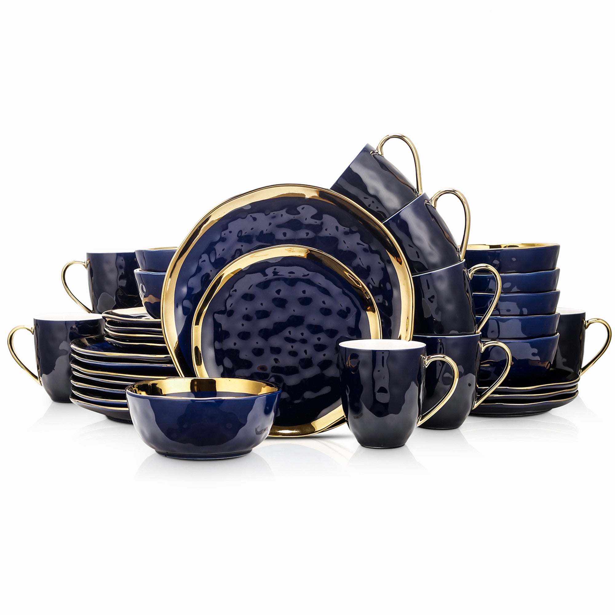 Premium Florian Porcelain Dinnerware Set - Navy Blue 16-Piece Dinner Plate Set for Formal Dining, Wedding Registry & Holiday Entertaining