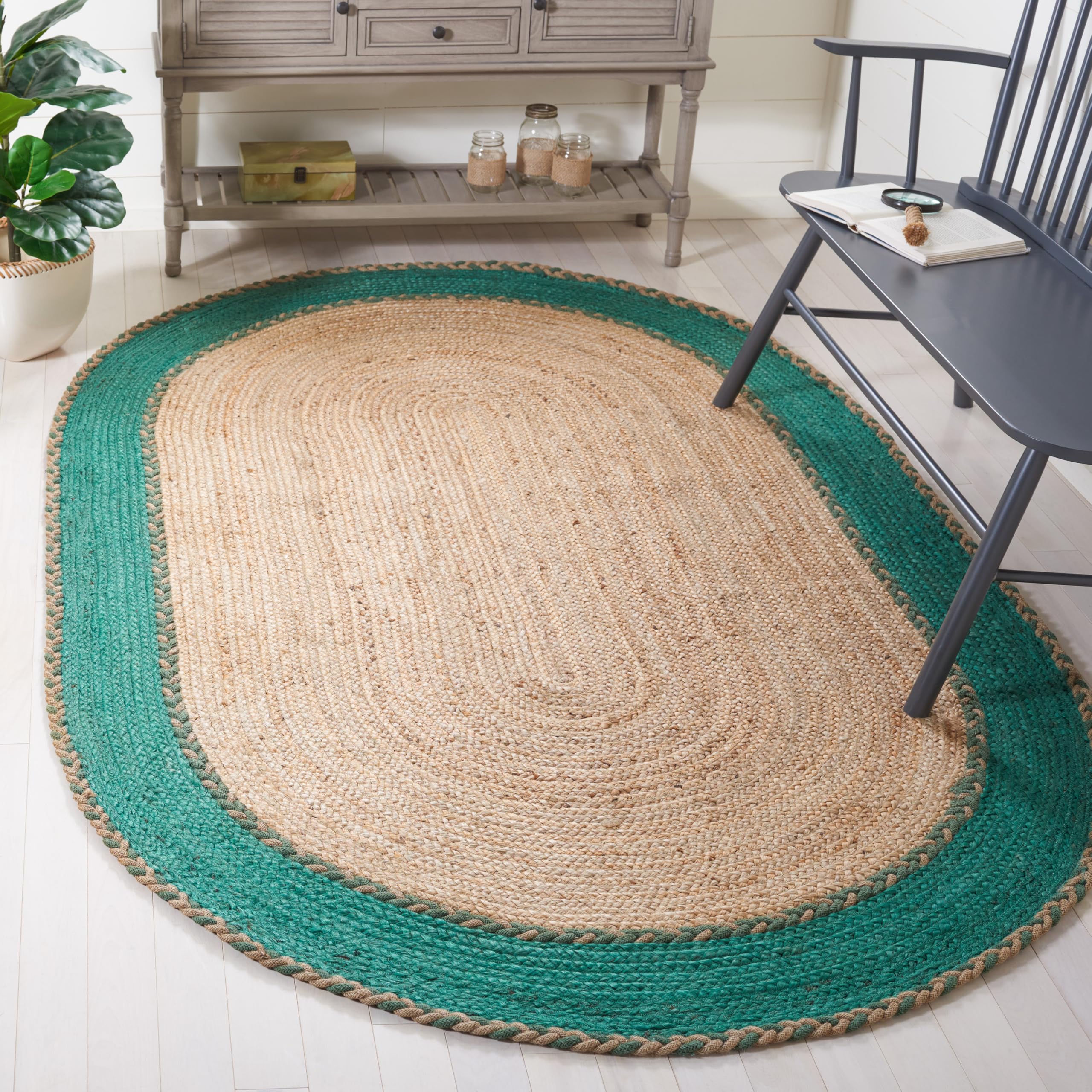 SAFAVIEH Handmade Jute Area Rug 5' x 8' Oval - Natural & Green, Eco-Friendly Natural Fiber Collection for Living Room, Bedroom & High Traffic Areas | Durable Floor Covering for Home Decor (NFB261Y)