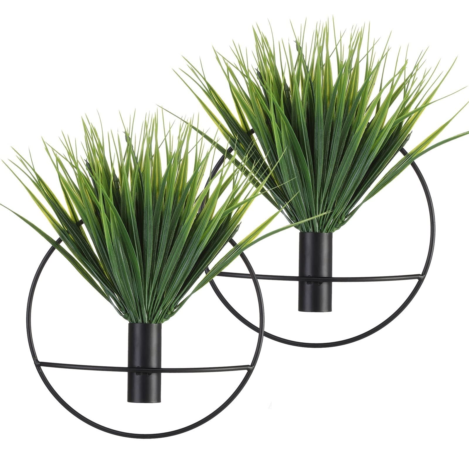 Pretty Jolly Wall Decor - 2 Pack Black Metal Vase Wall Art with Artificial Flowers & Fake Wheat - Farmhouse Boho Style Wall Mounted Greenery for Home, Office, and Wedding Decor