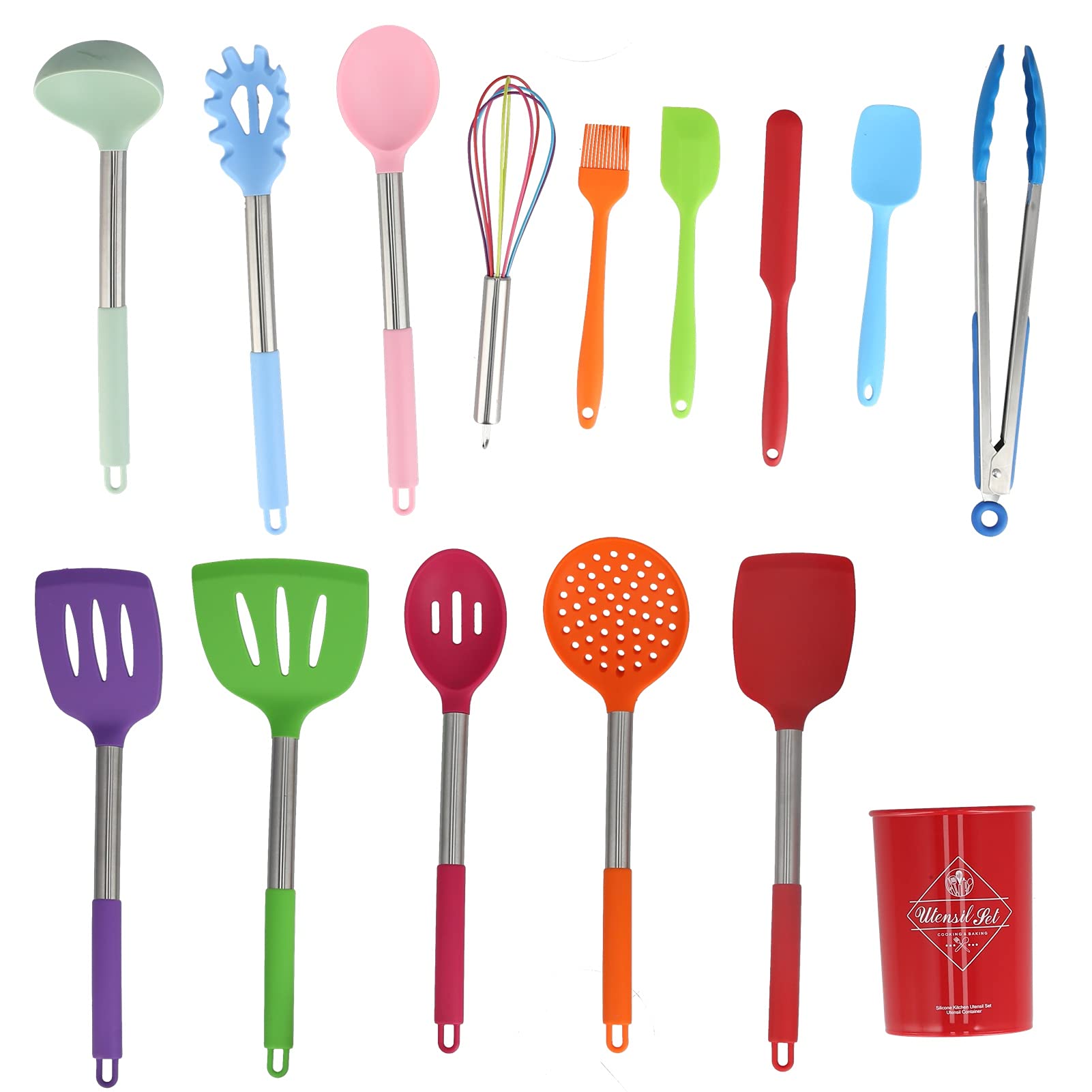Heat-Resistant Silicone Cooking Utensils Set - Non-Slip Kitchen Tools for Baking, Stirring & Flipping - Durable Kitchenware for Home Chefs & Restaurants (Red Bucket + 6-Piece Colorful Utensils) - Perfect for Sauteing, Grilling & Meal Prep