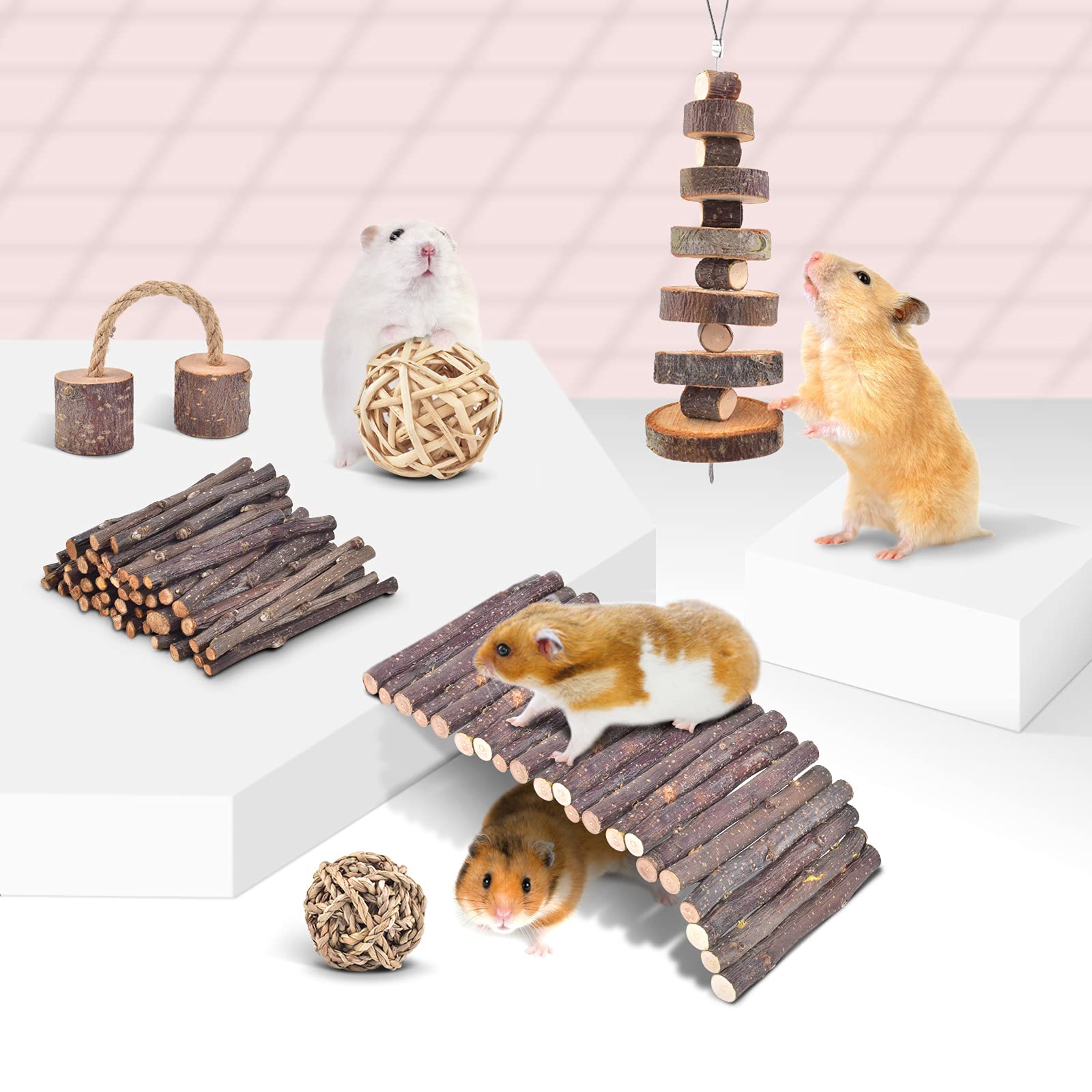 ERKOON 11 Pack Natural Apple Wood Chew Toys for Chinchillas, Hamsters, Gerbils, Rats & Guinea Pigs - Teeth Care Accessories with Ladder, Bell & Roller - Perfect for Cage Enrichment & Small Pet Dental Health