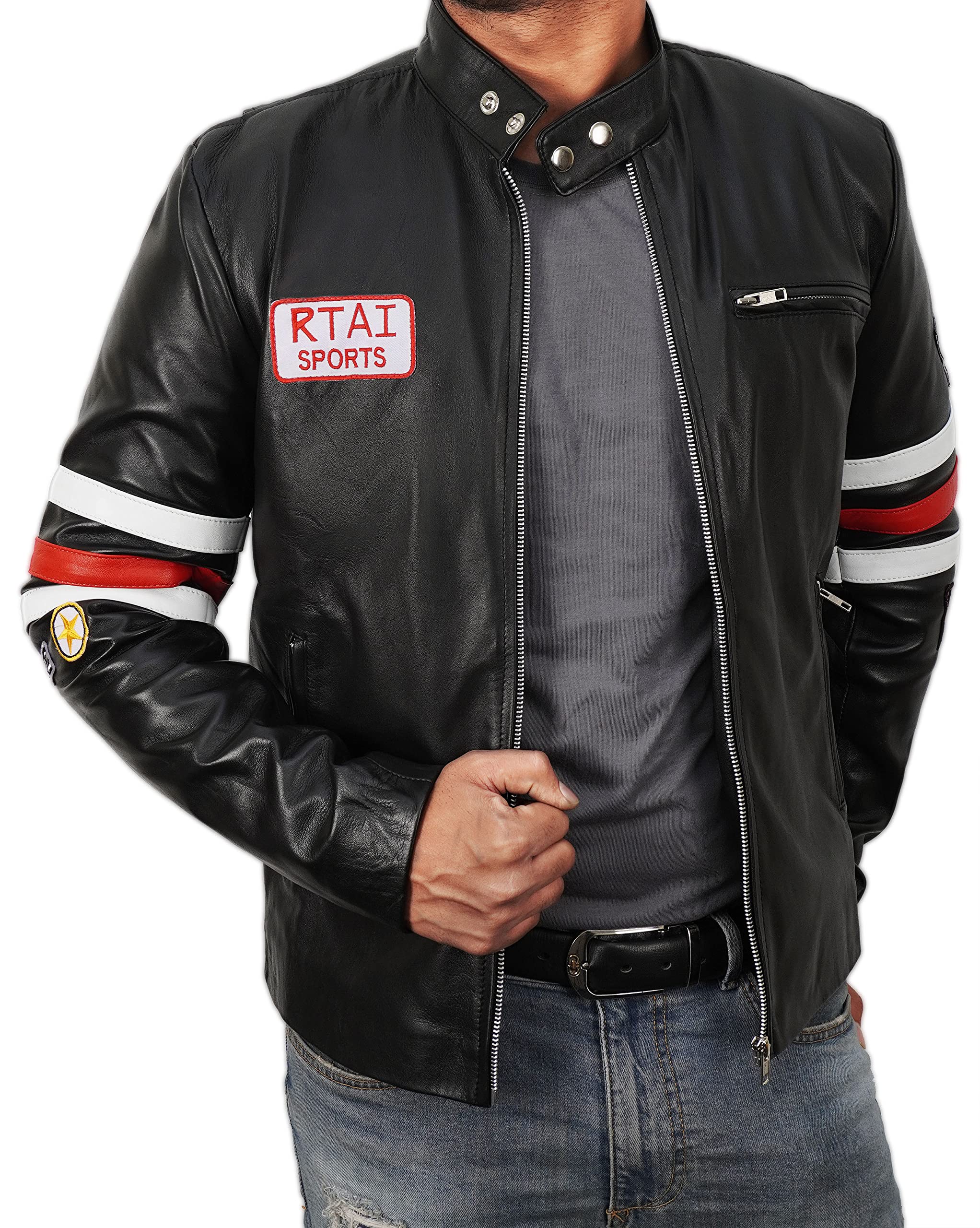 Dr. Gregory House MD Hugh Laurie RTAI Sports Patches Biker Racing Black Leather Motorcycle Jacket for Men - Perfect for Motorcycle Riders, Biker Events & Cosplay