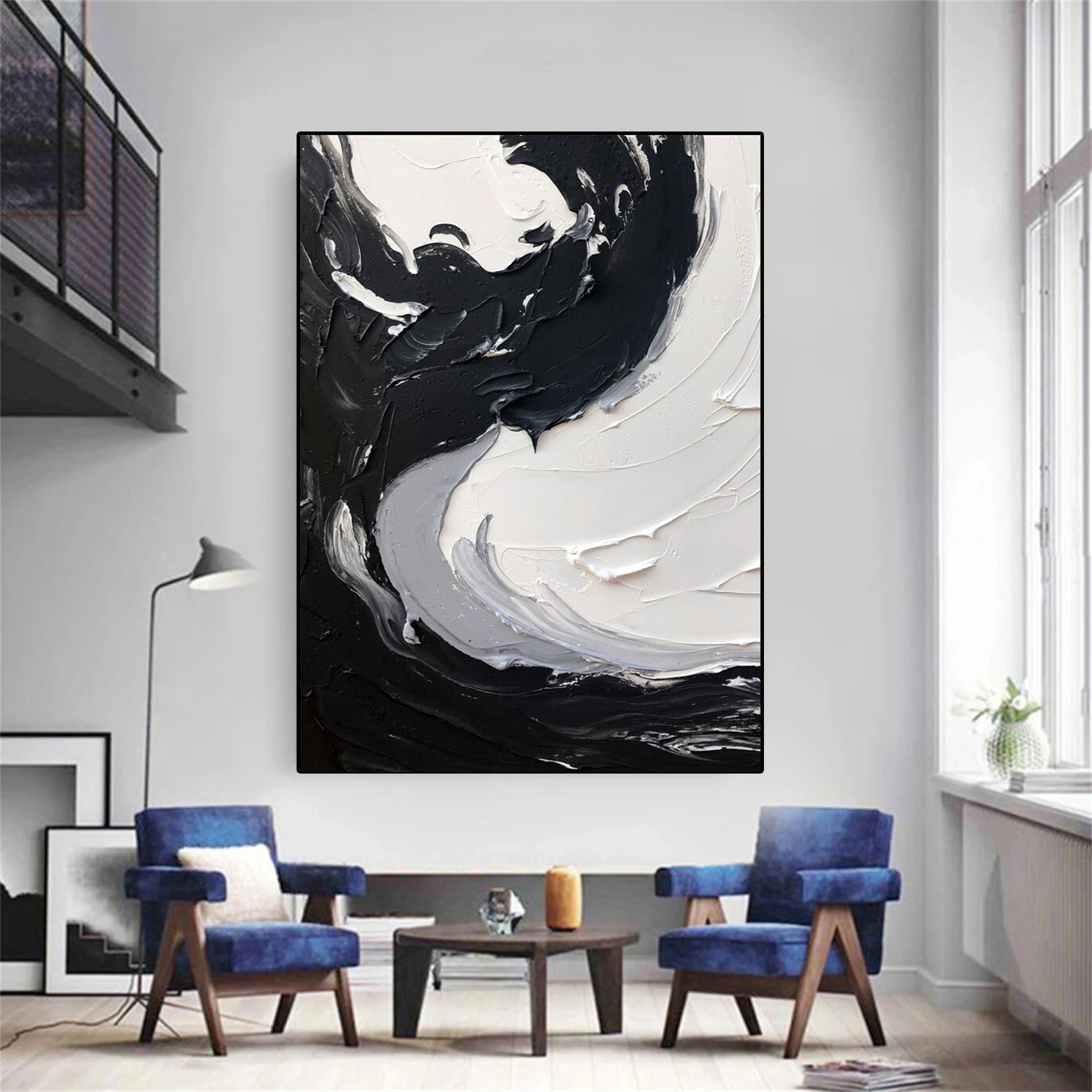 Black and White Textured Minimalist Wall Art Print #MZ068 - Modern Abstract Canvas Painting for Living Room, Bedroom & Office Decor