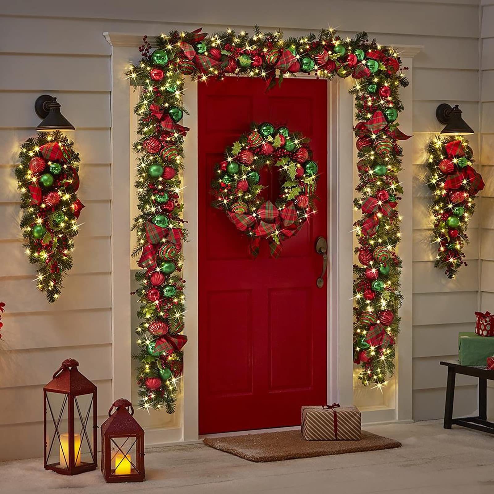 Red and White Cordless Christmas Wreath - Holiday Front Door Decor, Wall Hanging Garland for Xmas, Outdoor Home Decoration (StyleB-No Light) - Perfect for Porch, Mantel & Holiday Party Decorating