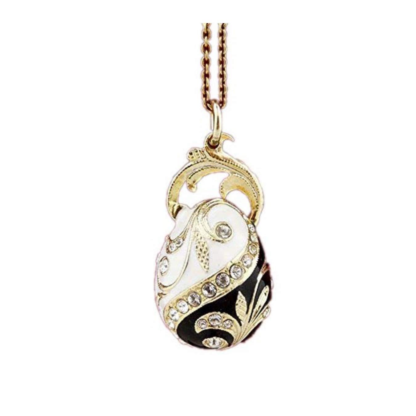 Religious Russian Egg Pendant Necklace - Gold Tone with White & Black Enamel - 1.25 Inch Orthodox Christian Jewelry Gift for Baptism, Easter & Special Occasions