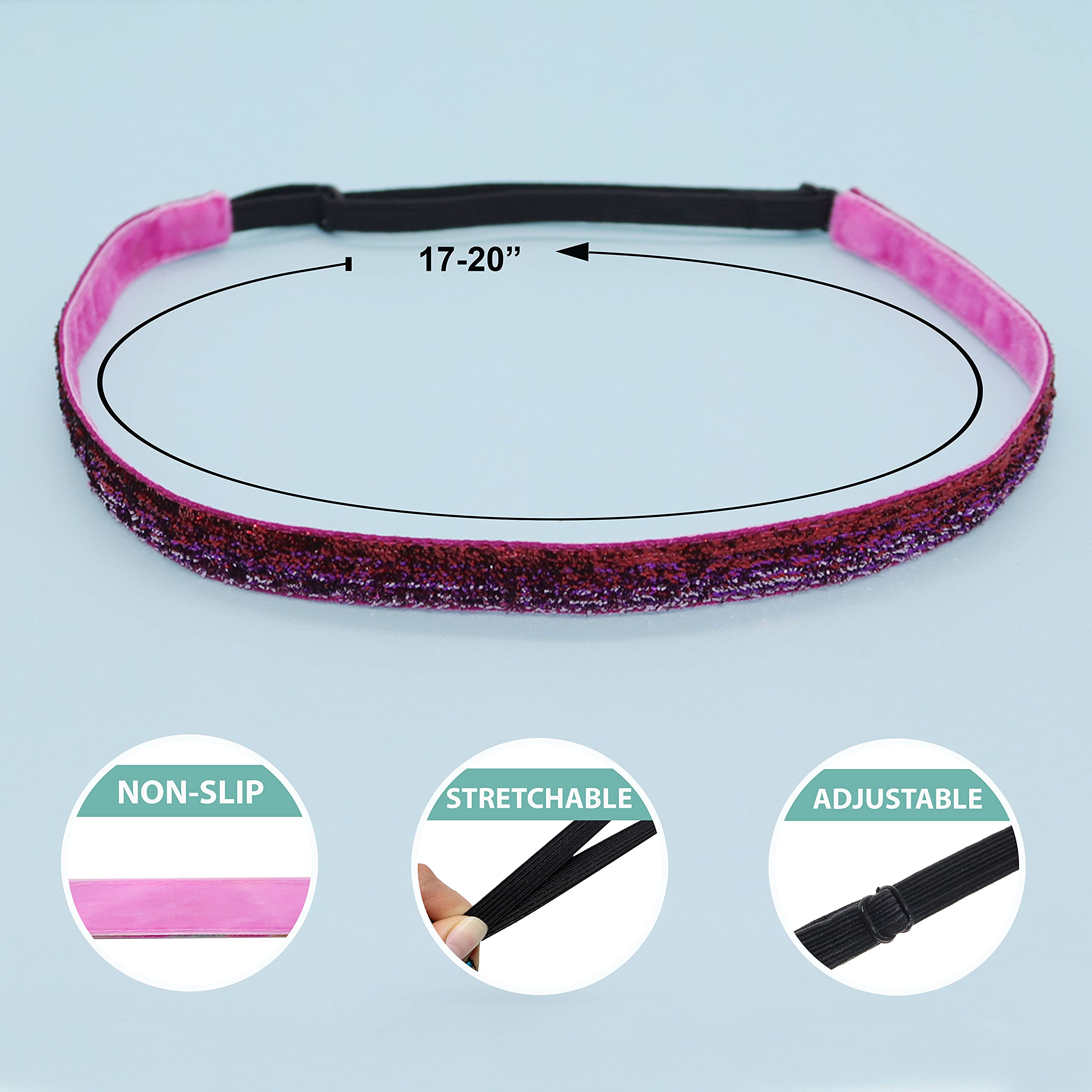 **FROG SAC 6-Pack Glitter Headbands for Girls & Teens – Adjustable Non-Slip Thin Stretch Elastic Sports Headband – Cute Athletic Hair Accessories for Kids – Perfect for Running, Yoga, Dance & School**